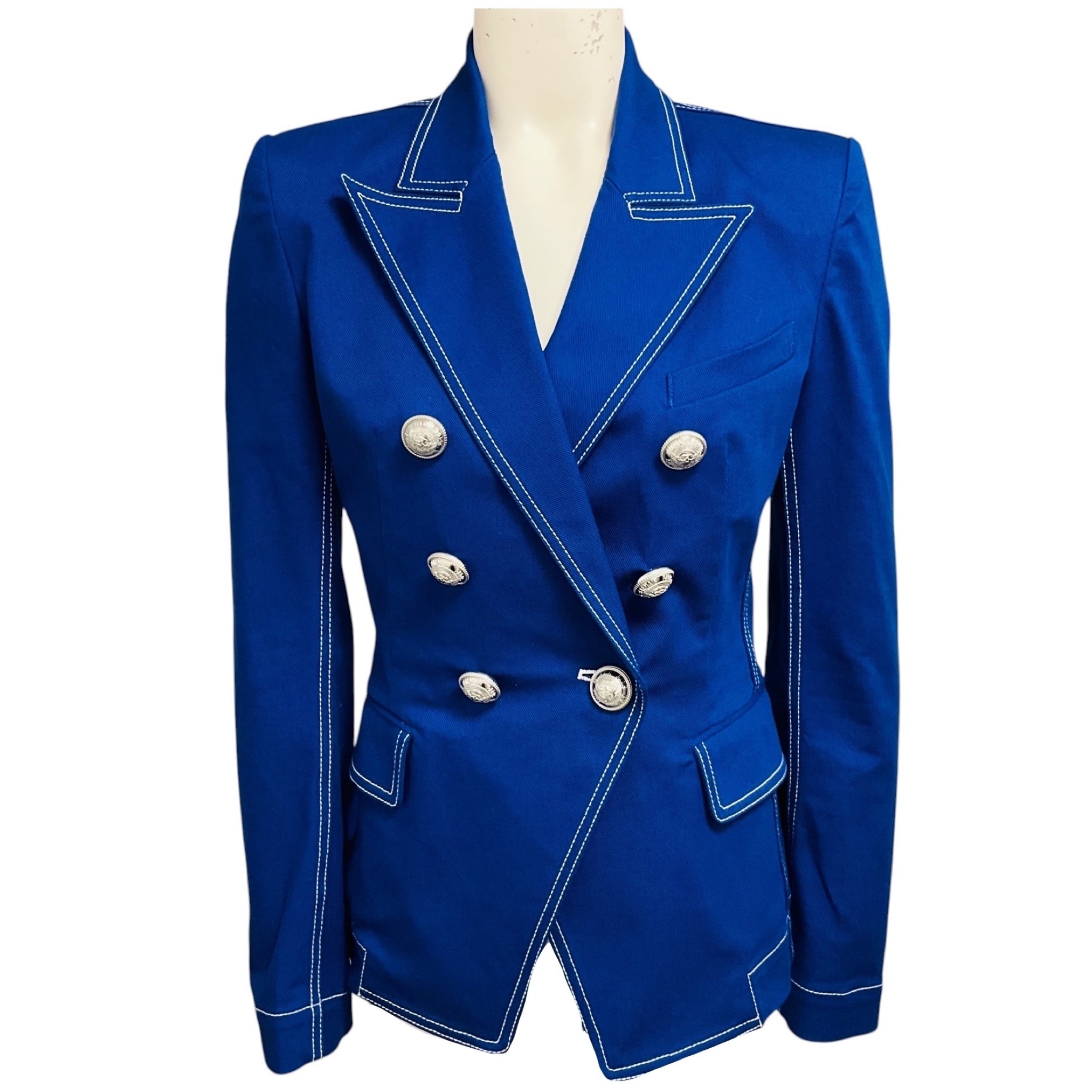 Balmain Blue Double Breasted Cotton Jacket with Silver Buttons