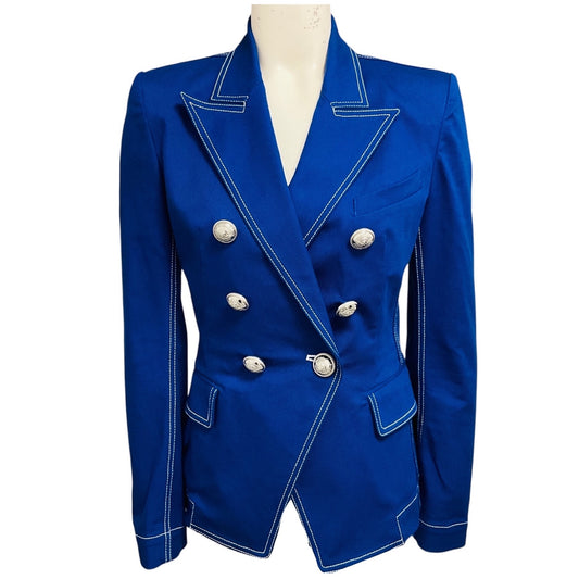 Balmain Blue Double Breasted Cotton Jacket with Silver Buttons
