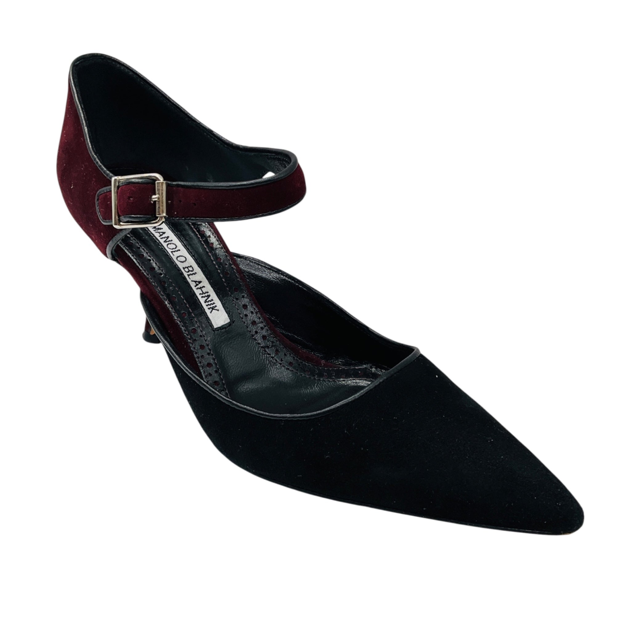 Manolo Blahnik Burgundy / Black Suede Ankle Strap Pumps