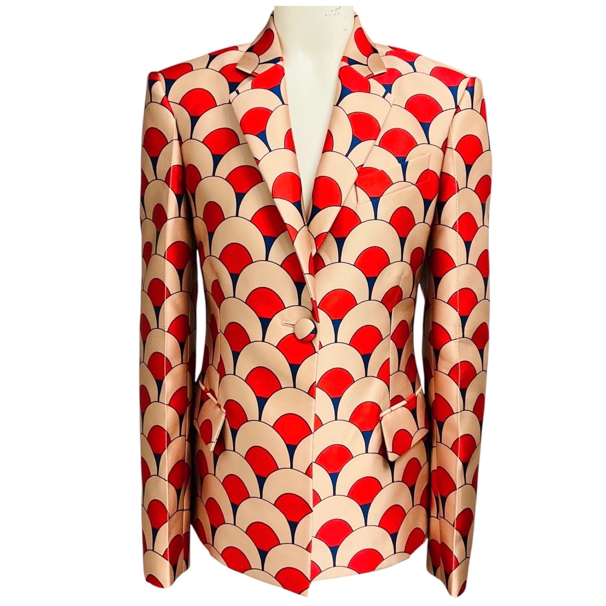 Lanvin Red / Blue Multi Scallop Print Silk Satin Jacket