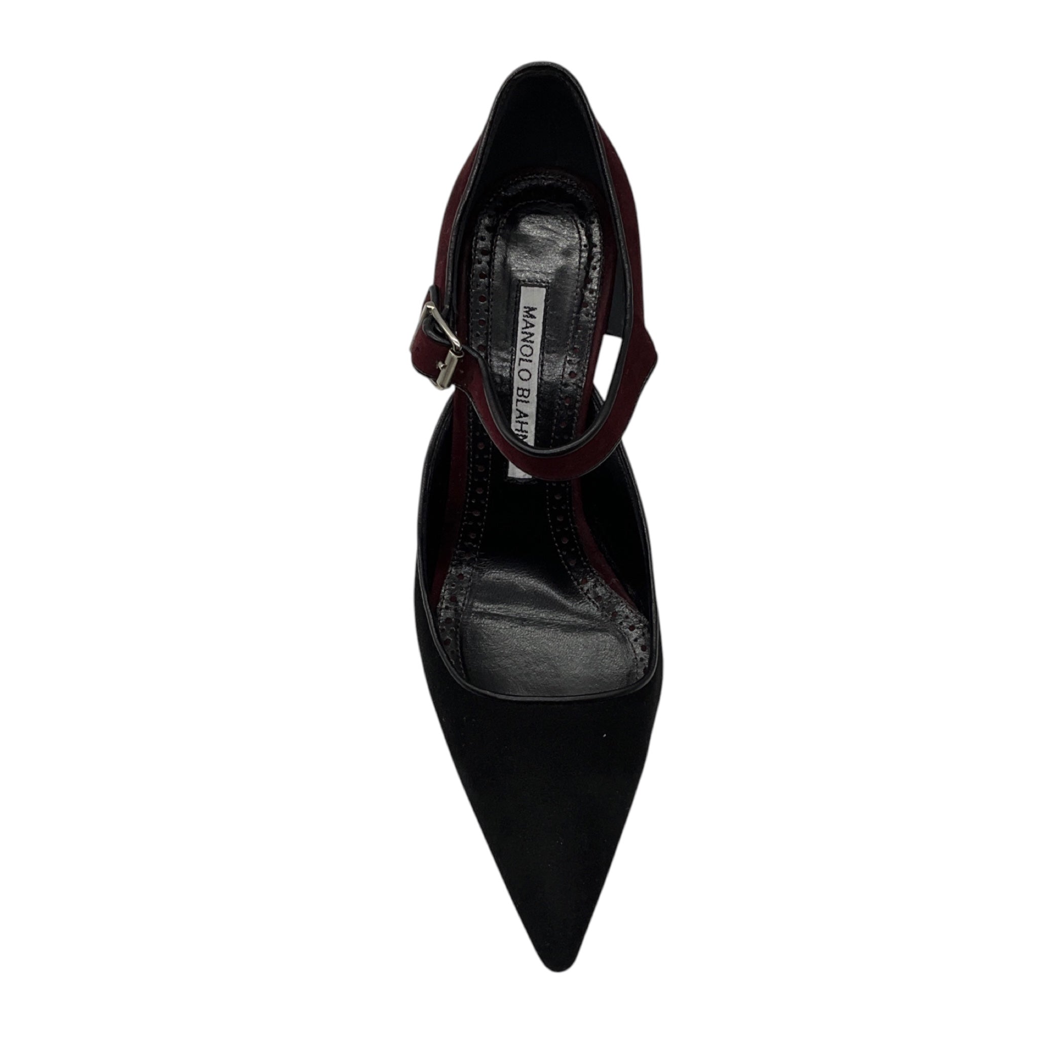 Manolo Blahnik Burgundy / Black Suede Ankle Strap Pumps