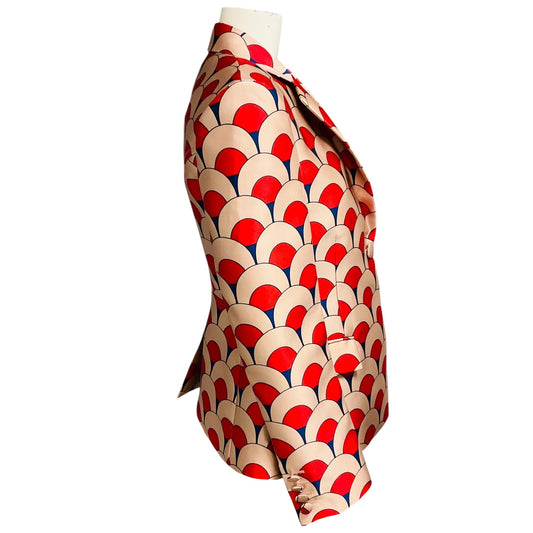 Lanvin Red / Blue Multi Scallop Print Silk Satin Jacket