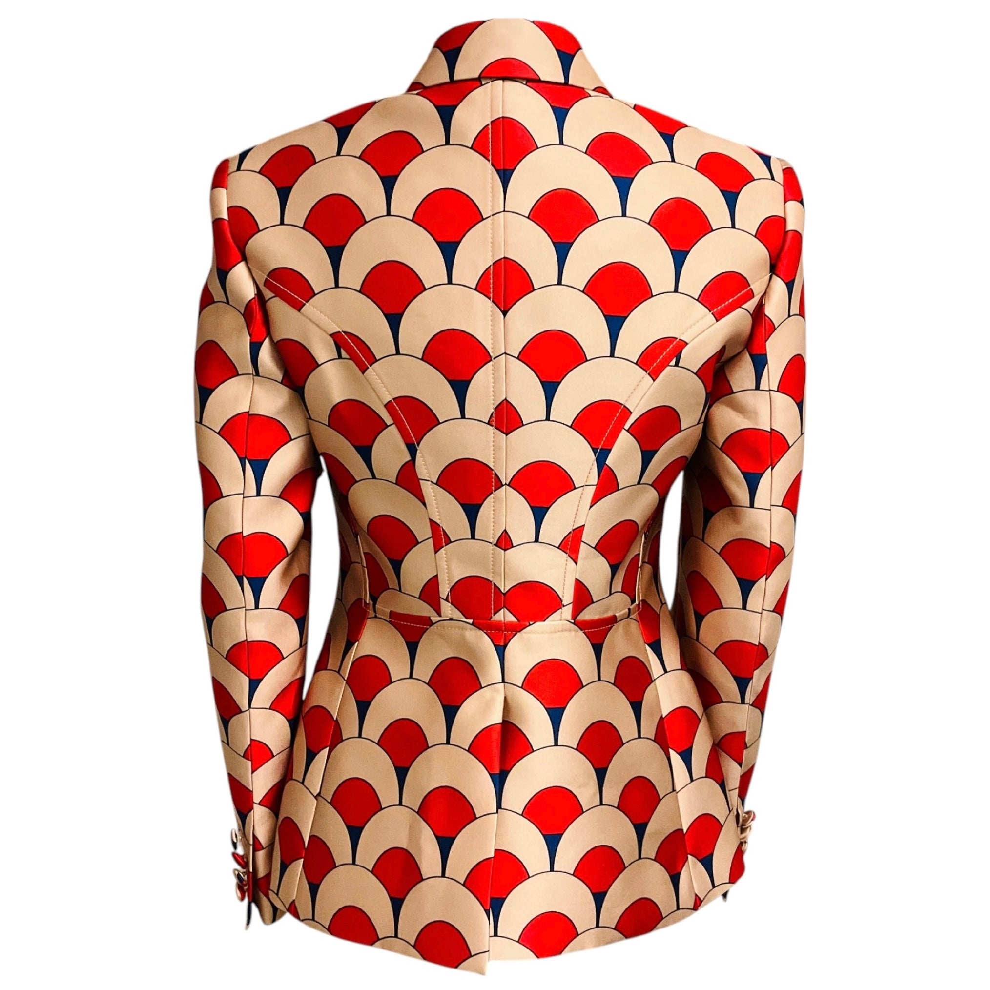 Lanvin Red / Blue Multi Scallop Print Silk Satin Jacket