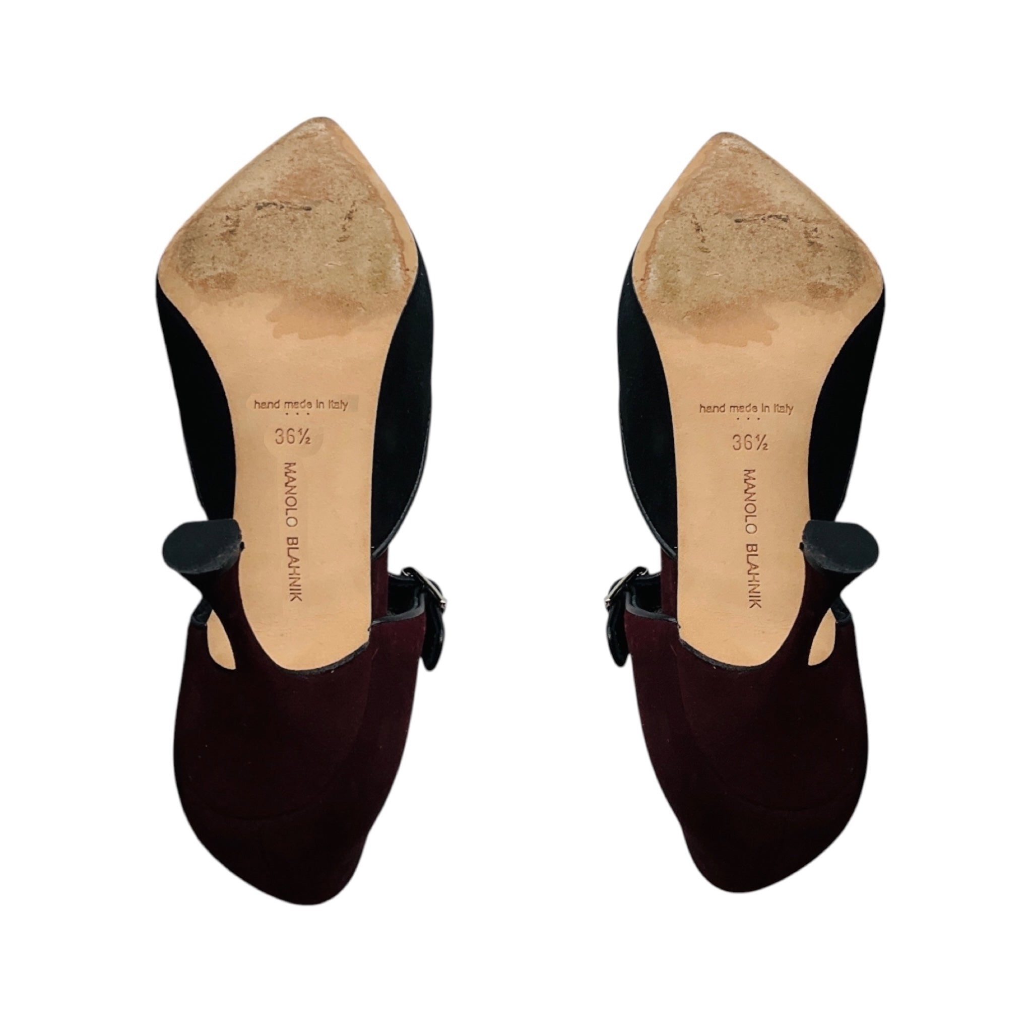 Manolo Blahnik Burgundy / Black Suede Ankle Strap Pumps