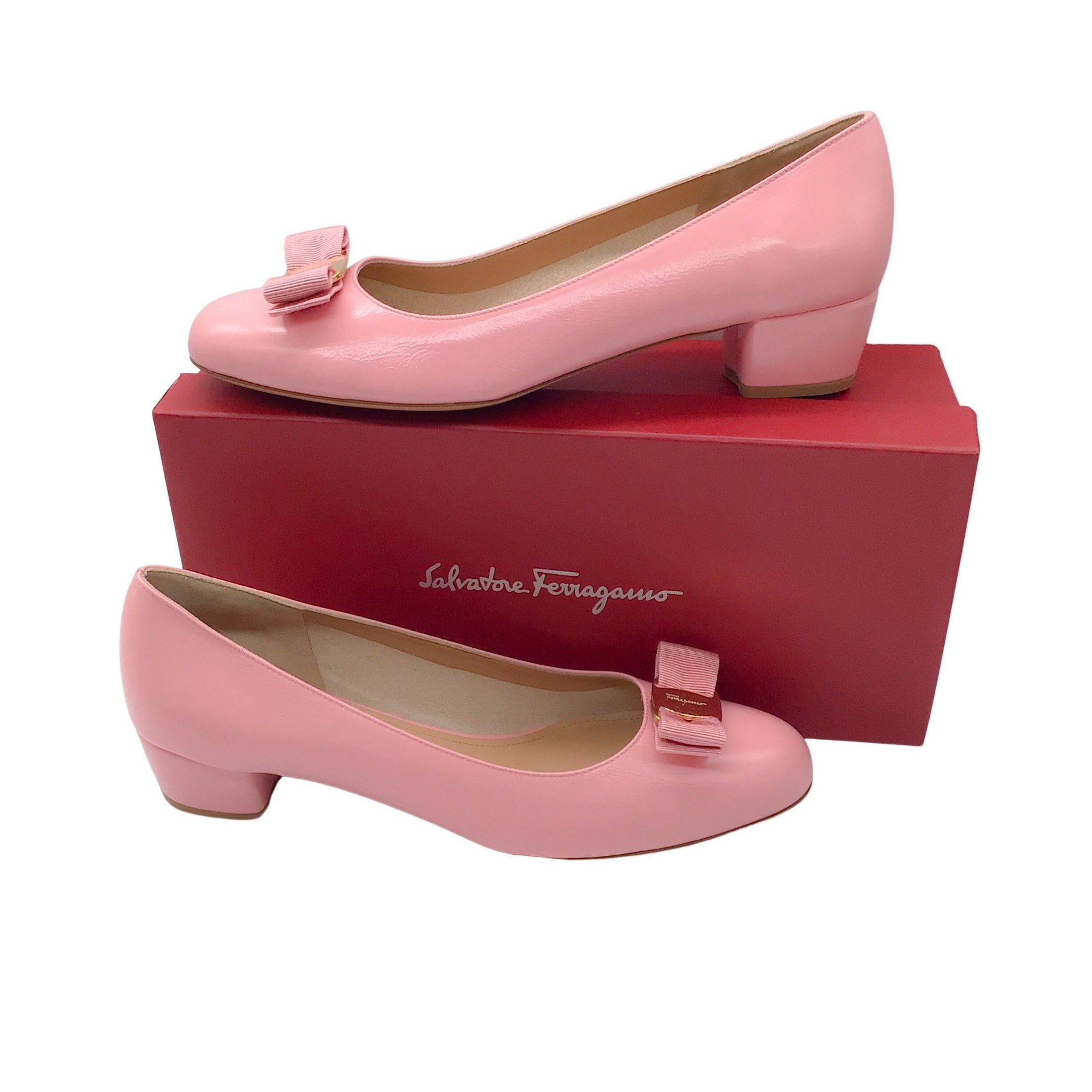 Salvatore Ferragamo Pink Vara Grosgrain Bow Detail Low Heel Calfskin Leather Pumps
