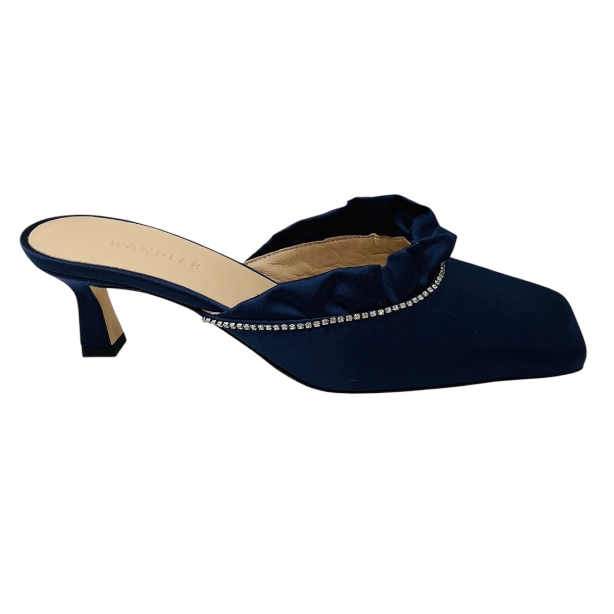 Wandler Navy Blue Crystal Embellished Satin Mules