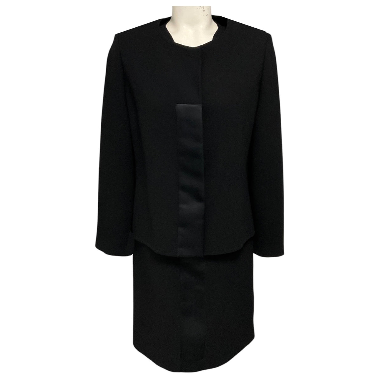 Bill Blass Vintage Black Satin Trimmed Wool Gauze Jacket and Dress Suit Set
