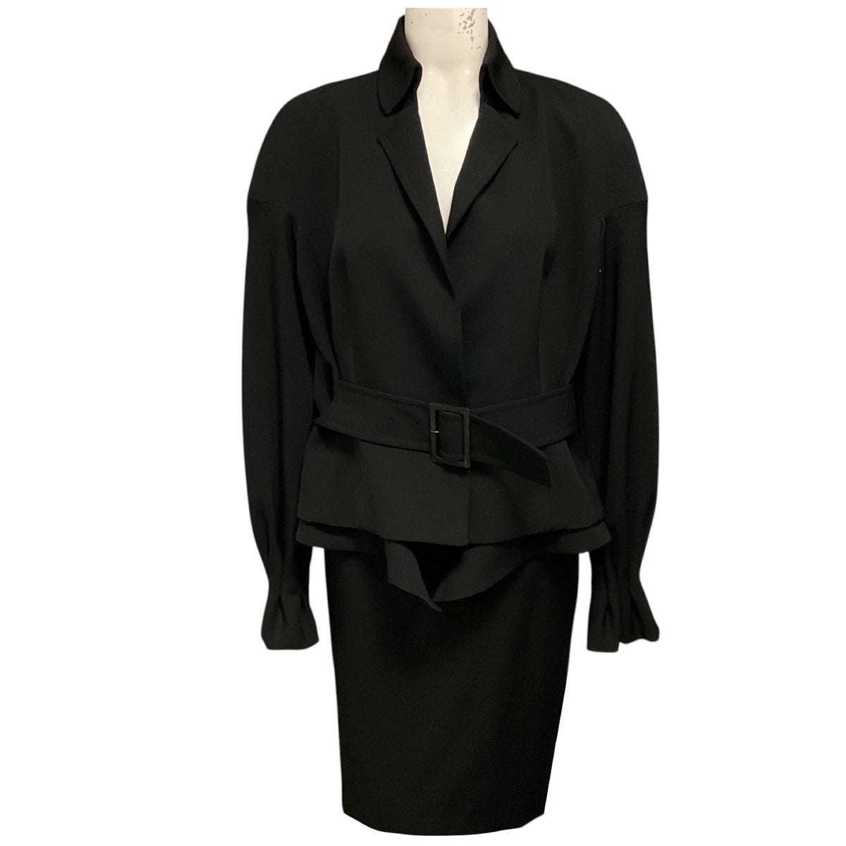 Brioni Black Silk Lined Wool Jacket and Skirt Suit Set with Belt