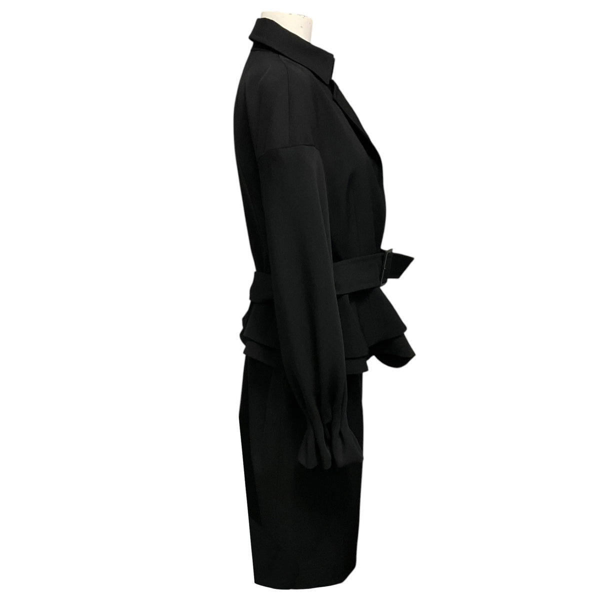 Brioni Black Silk Lined Wool Jacket and Skirt Suit Set with Belt