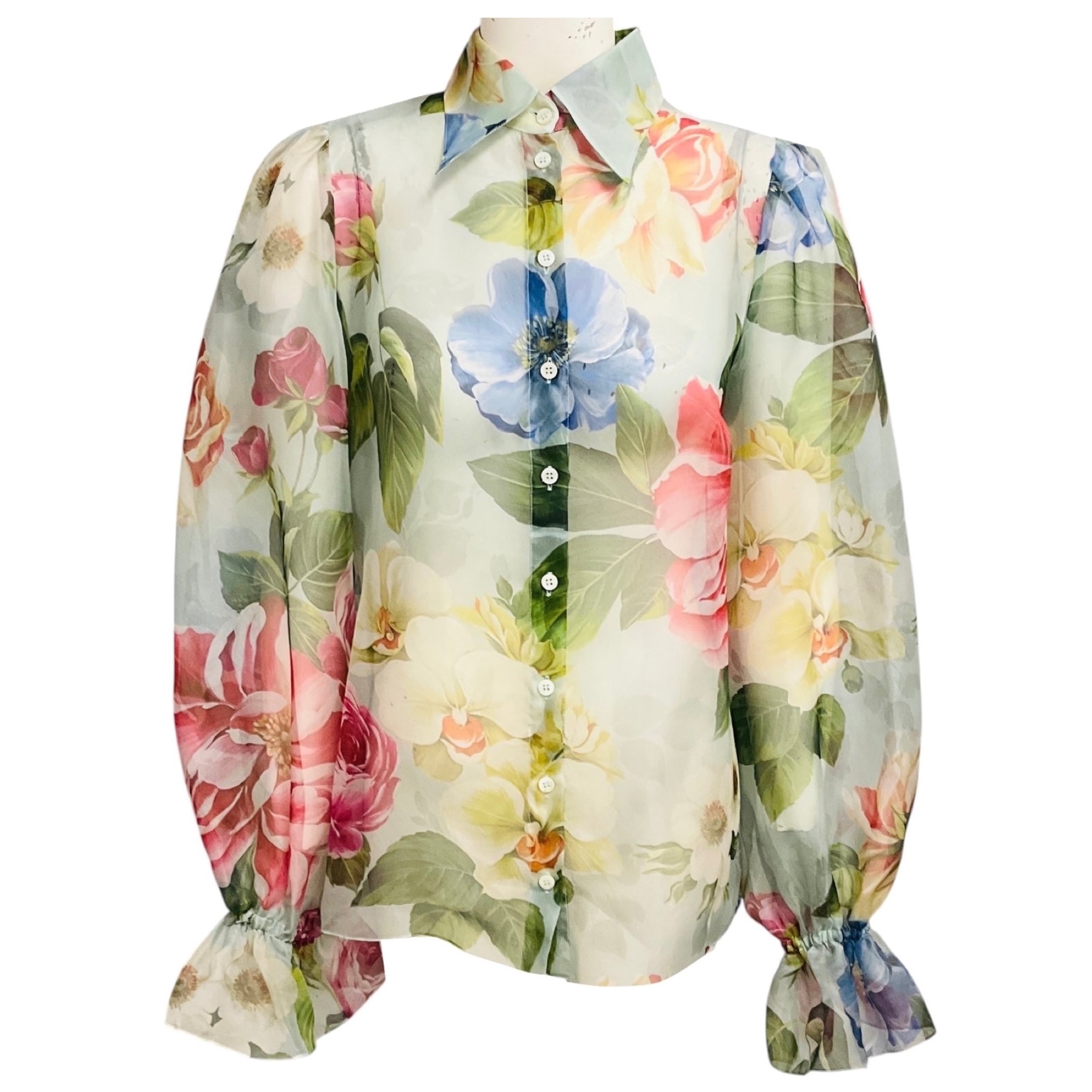 Dolce & Gabbana Light Blue Multi Fiori Ombre Print Elastic Sleeve Silk Organza Blouse