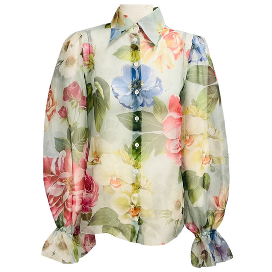 Dolce & Gabbana Light Blue Multi Fiori Ombre Print Elastic Sleeve Silk Organza Blouse