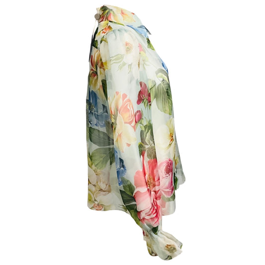 Dolce & Gabbana Light Blue Multi Fiori Ombre Print Elastic Sleeve Silk Organza Blouse