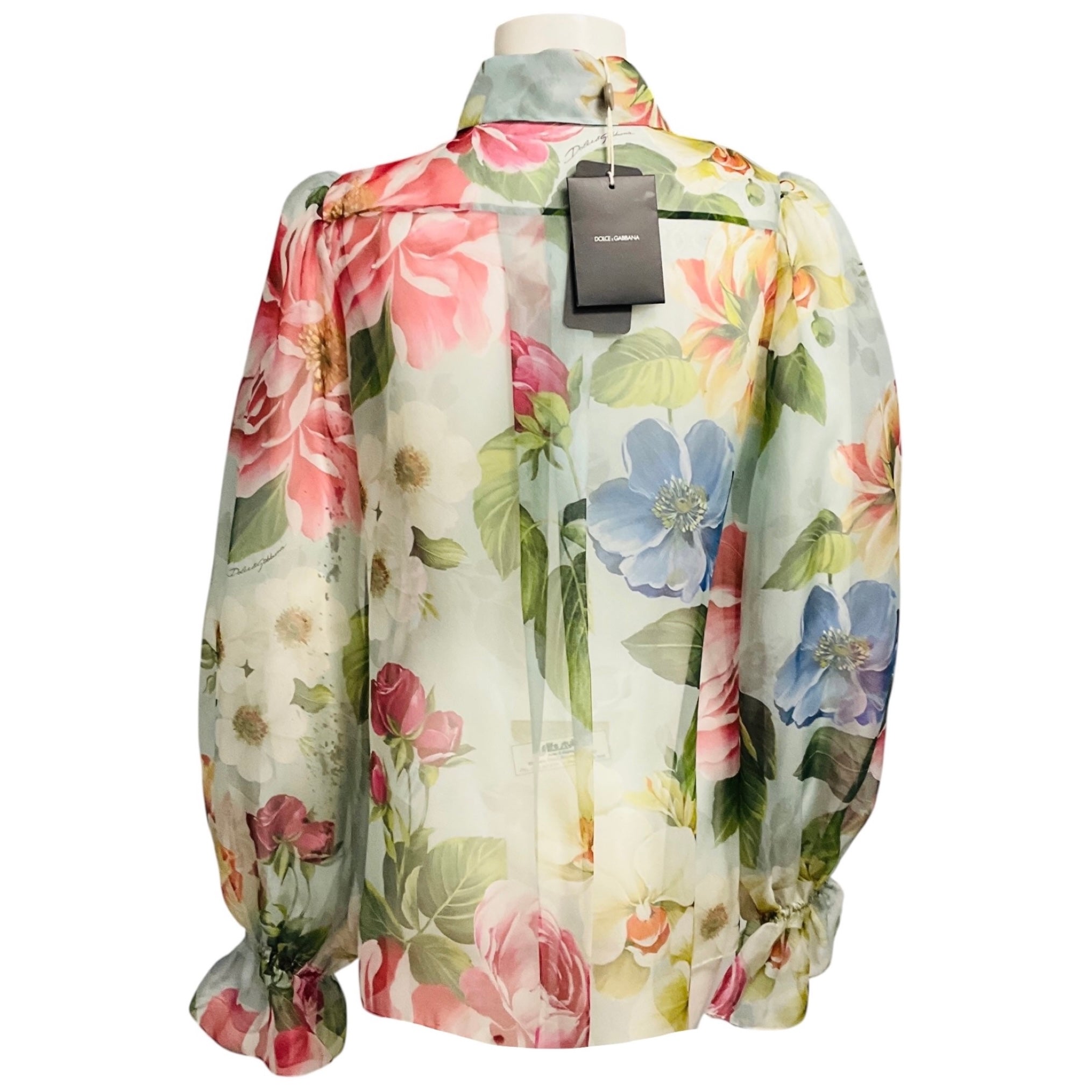 Dolce & Gabbana Light Blue Multi Fiori Ombre Print Elastic Sleeve Silk Organza Blouse