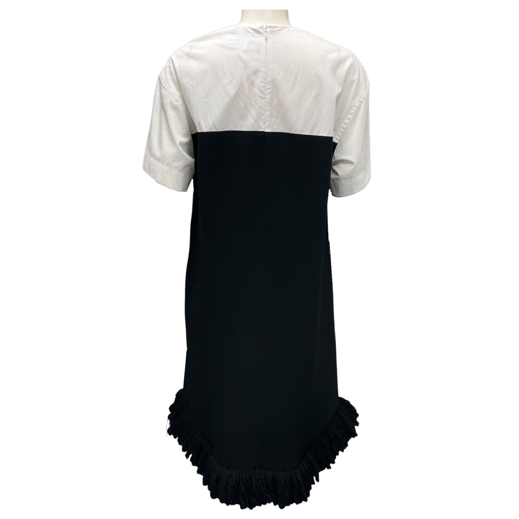 Mantu Black / White Fringed Wool Knit Hem Short Sleeved Midi Dress