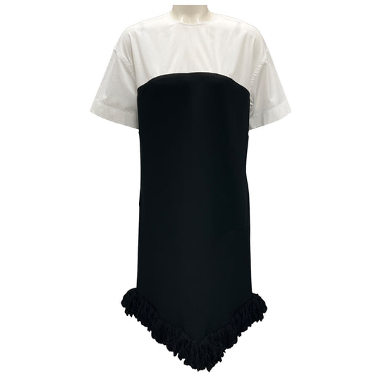 Mantu Black / White Fringed Wool Knit Hem Short Sleeved Midi Dress