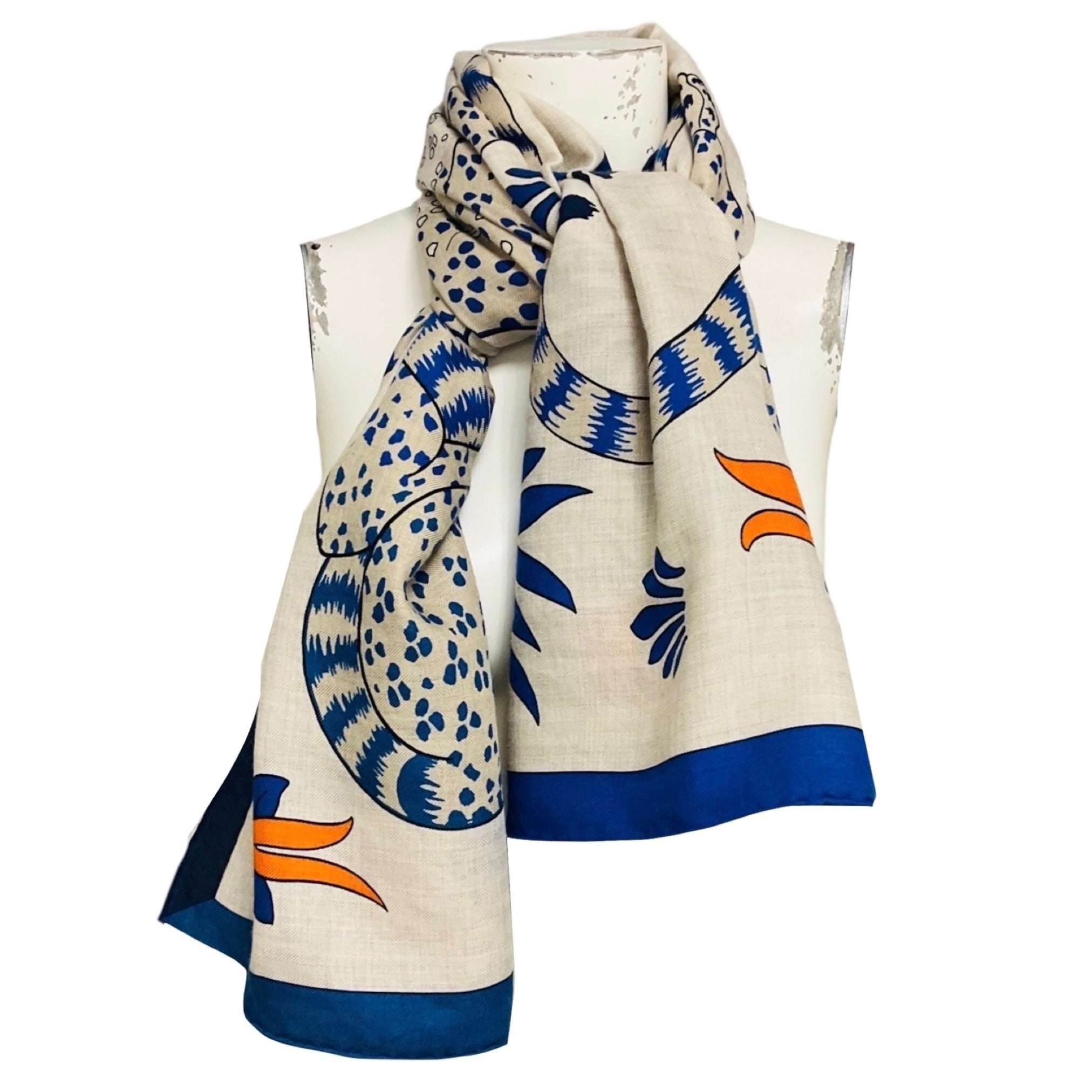 Hermes Natural / Blue / Orange Les Leopards Large Cashmere and Silk Scarf