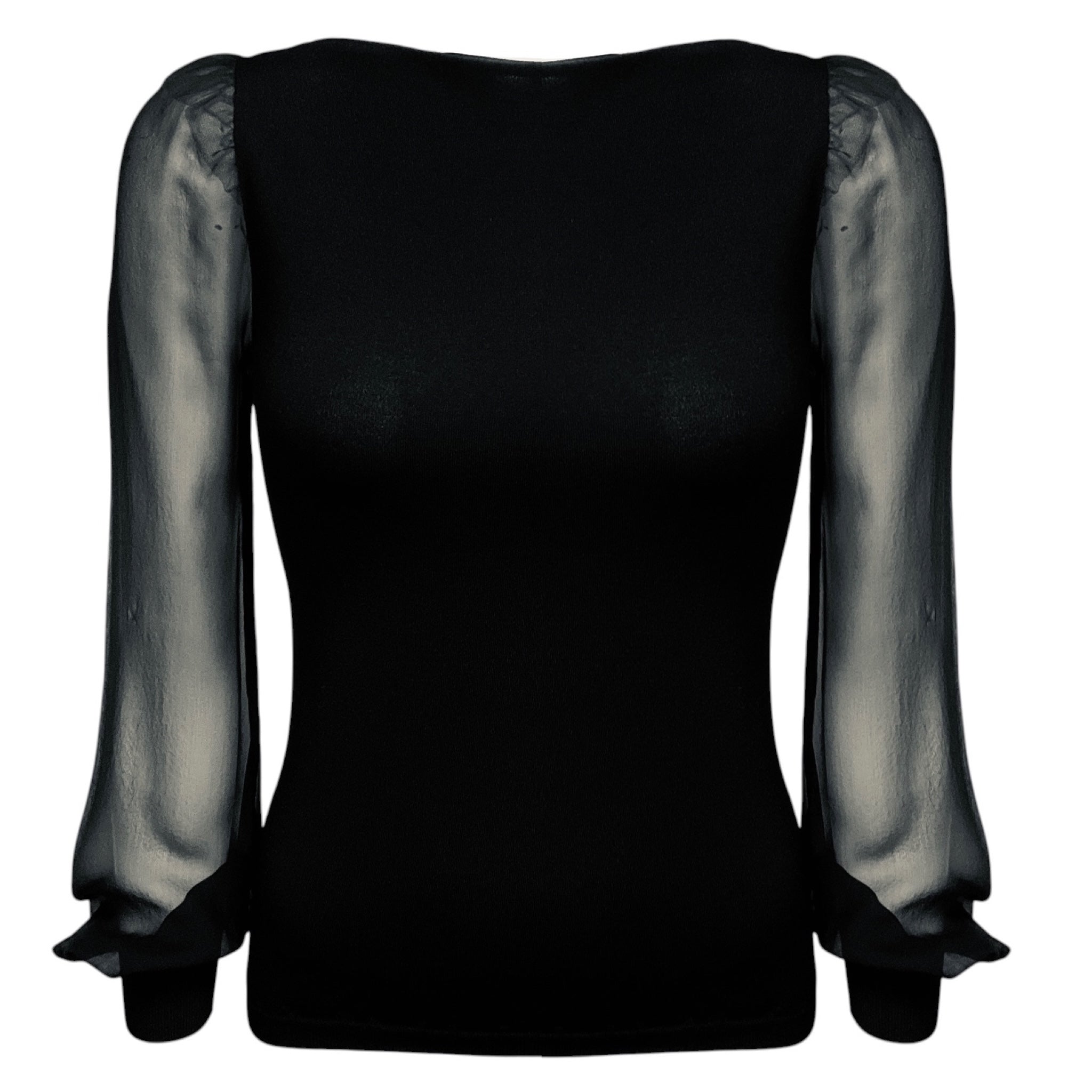 Valentino Black Viscose Knit Sweater with Sheer Silk Chiffon Sleeves