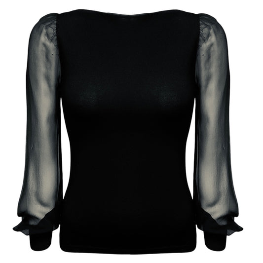 Valentino Black Viscose Knit Sweater with Sheer Silk Chiffon Sleeves