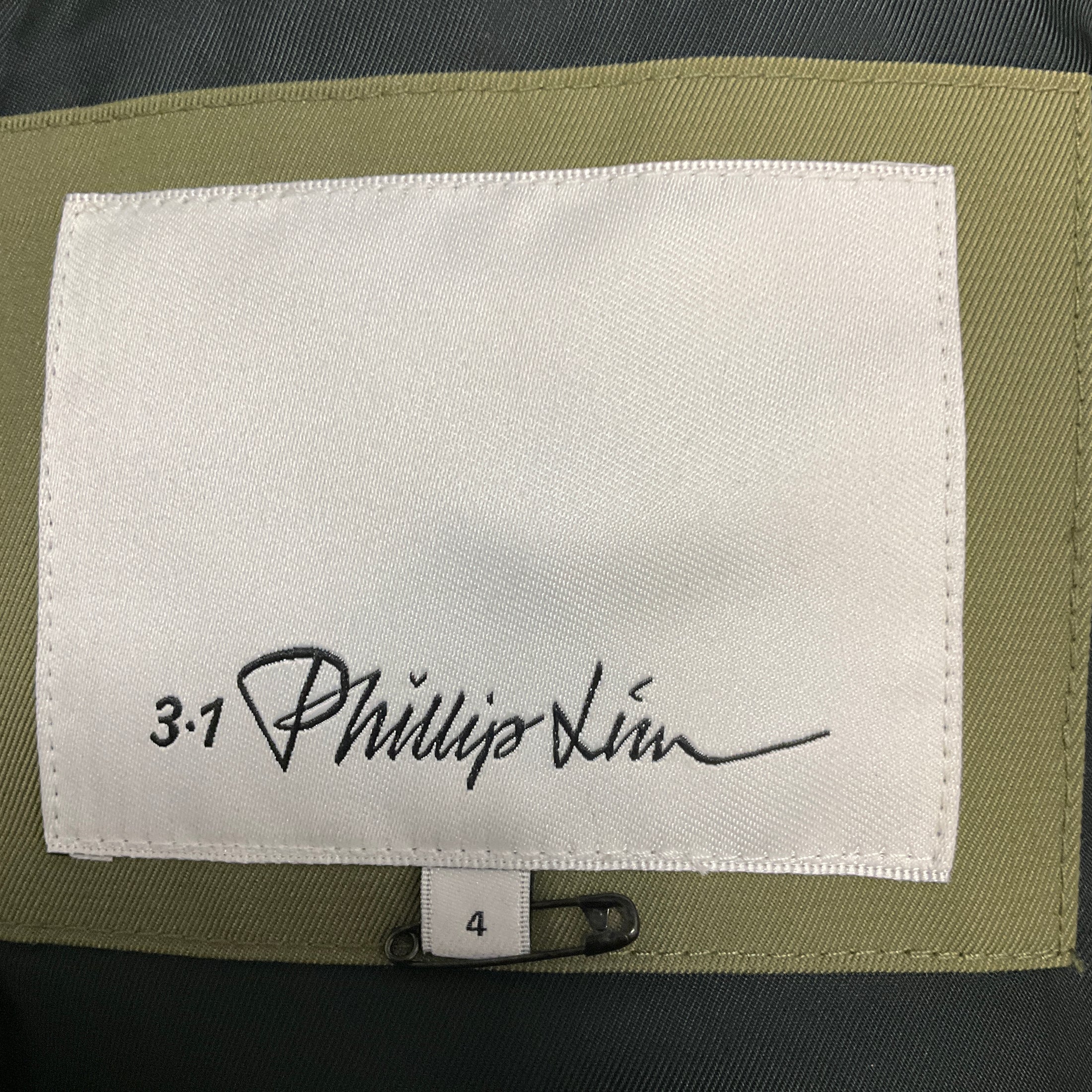 3.1 Phillip Lim Olive Green Cropped Zip Front Jacket with Silver Studs and Brown Leather Collar