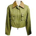 Load image into Gallery viewer, 3.1 Phillip Lim Olive Green Cropped Zip Front Jacket with Silver Studs and Brown Leather Collar
