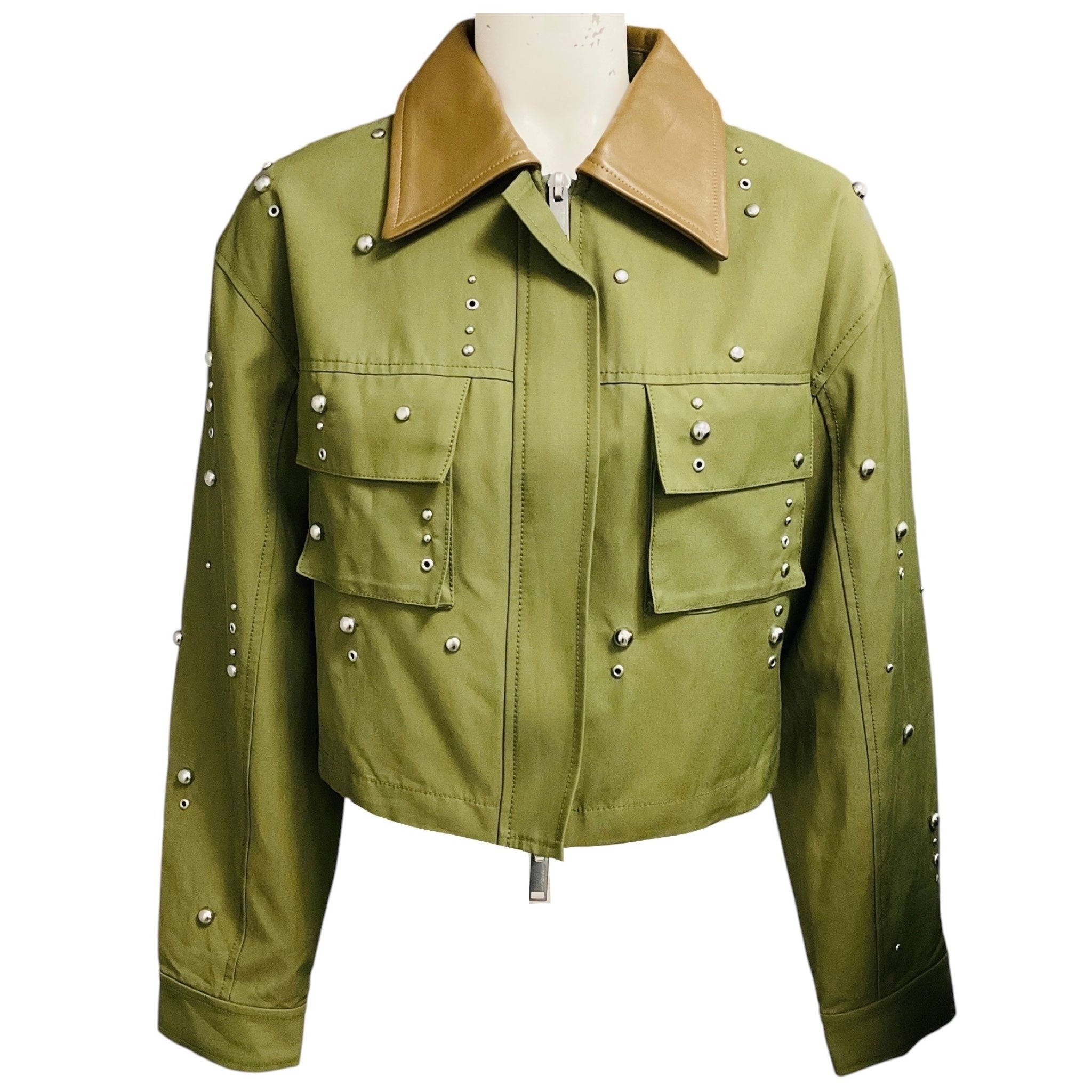 3.1 Phillip Lim Olive Green Cropped Zip Front Jacket with Silver Studs and Brown Leather Collar
