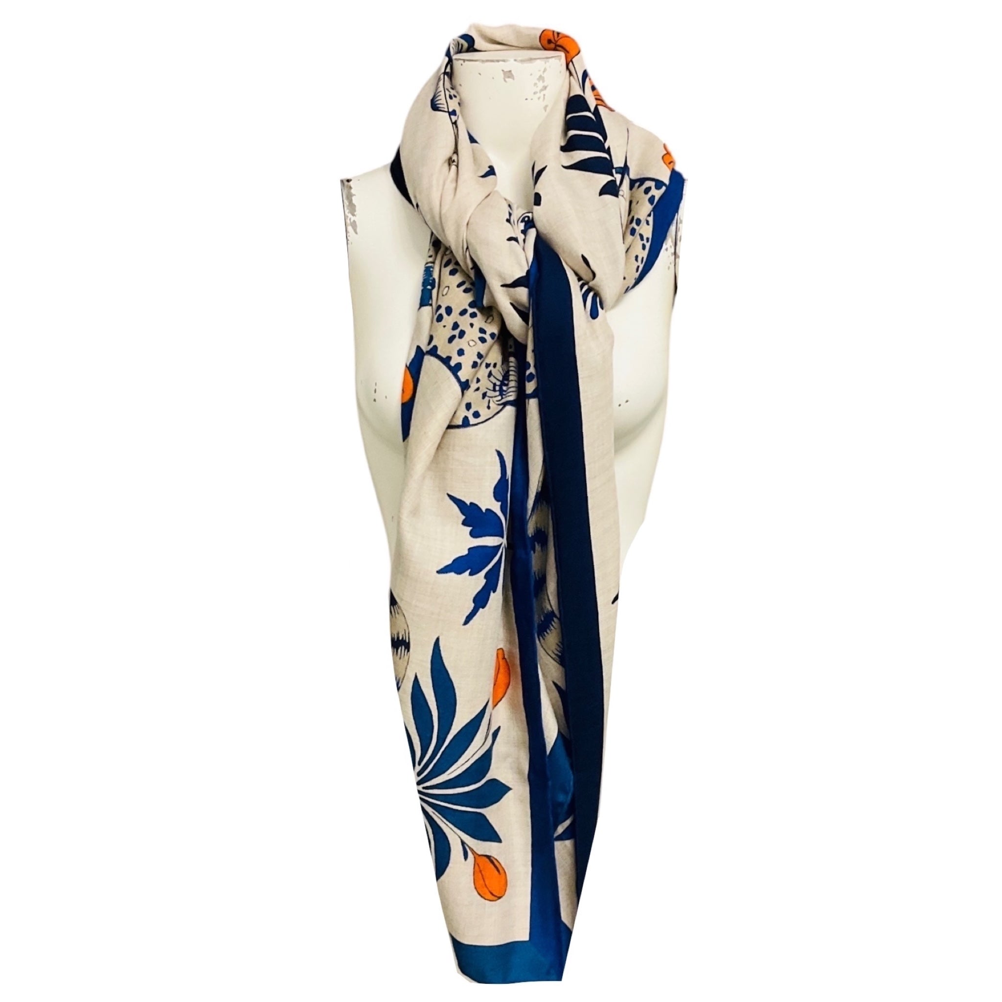 Hermes Natural / Blue / Orange Les Leopards Large Cashmere and Silk Scarf