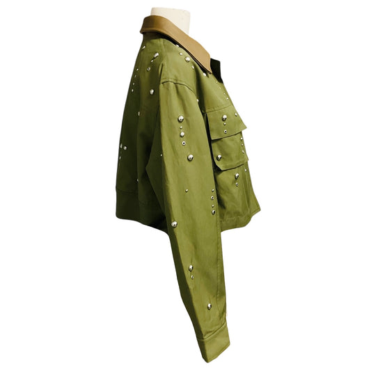 3.1 Phillip Lim Olive Green Cropped Zip Front Jacket with Silver Studs and Brown Leather Collar