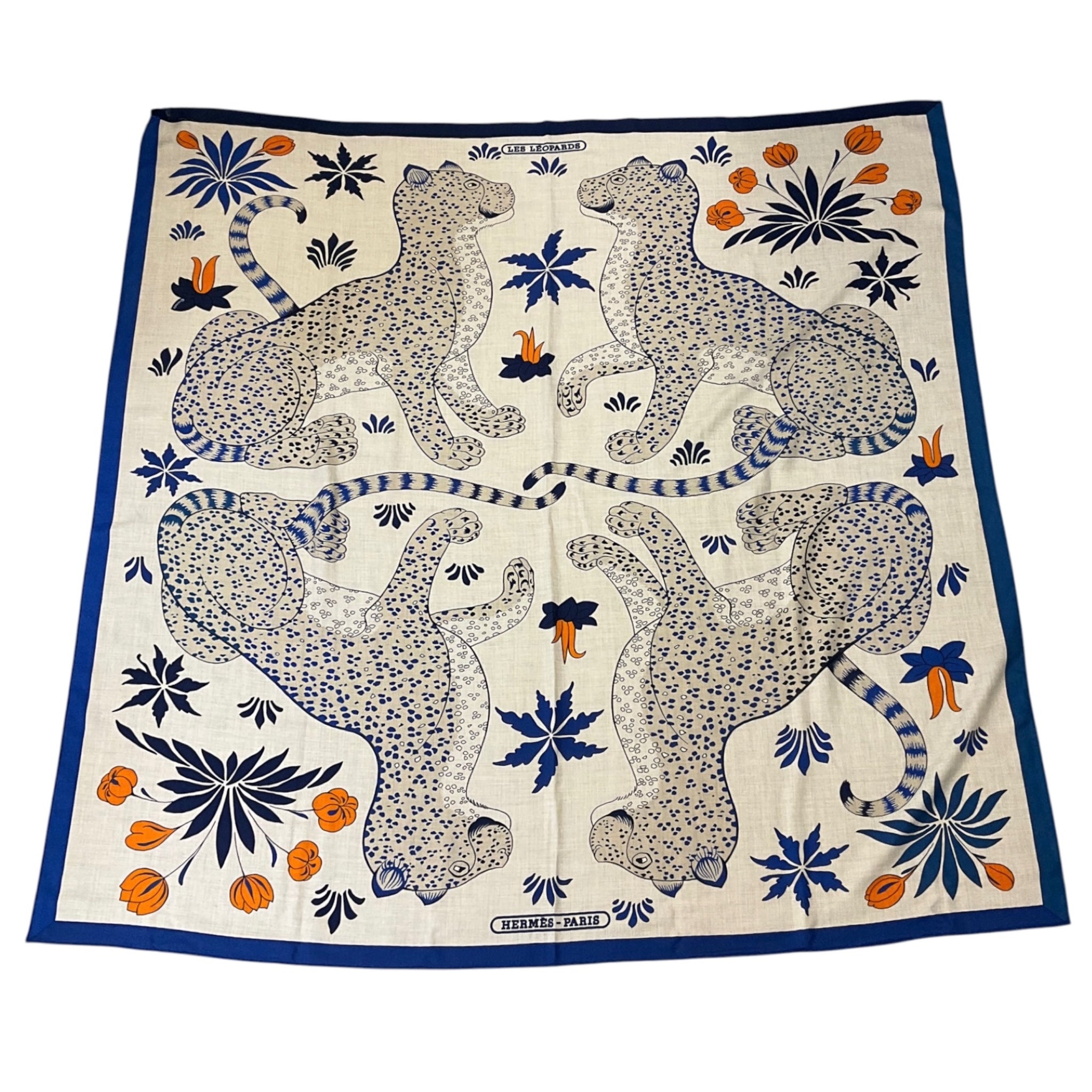 Hermes Natural / Blue / Orange Les Leopards Large Cashmere and Silk Scarf