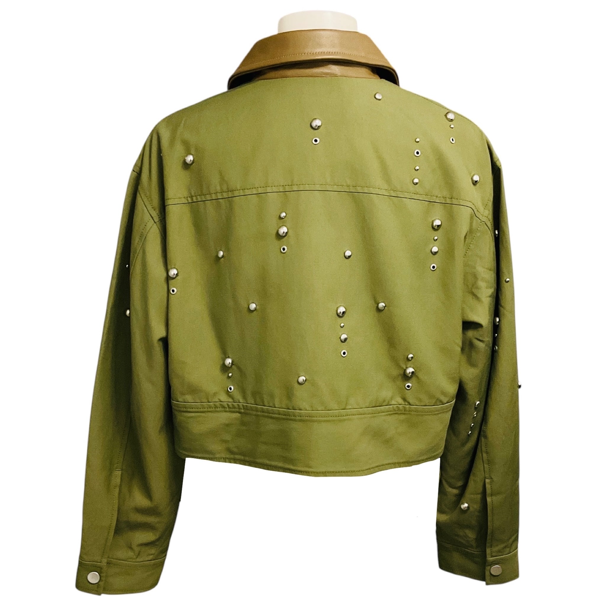 3.1 Phillip Lim Olive Green Cropped Zip Front Jacket with Silver Studs and Brown Leather Collar