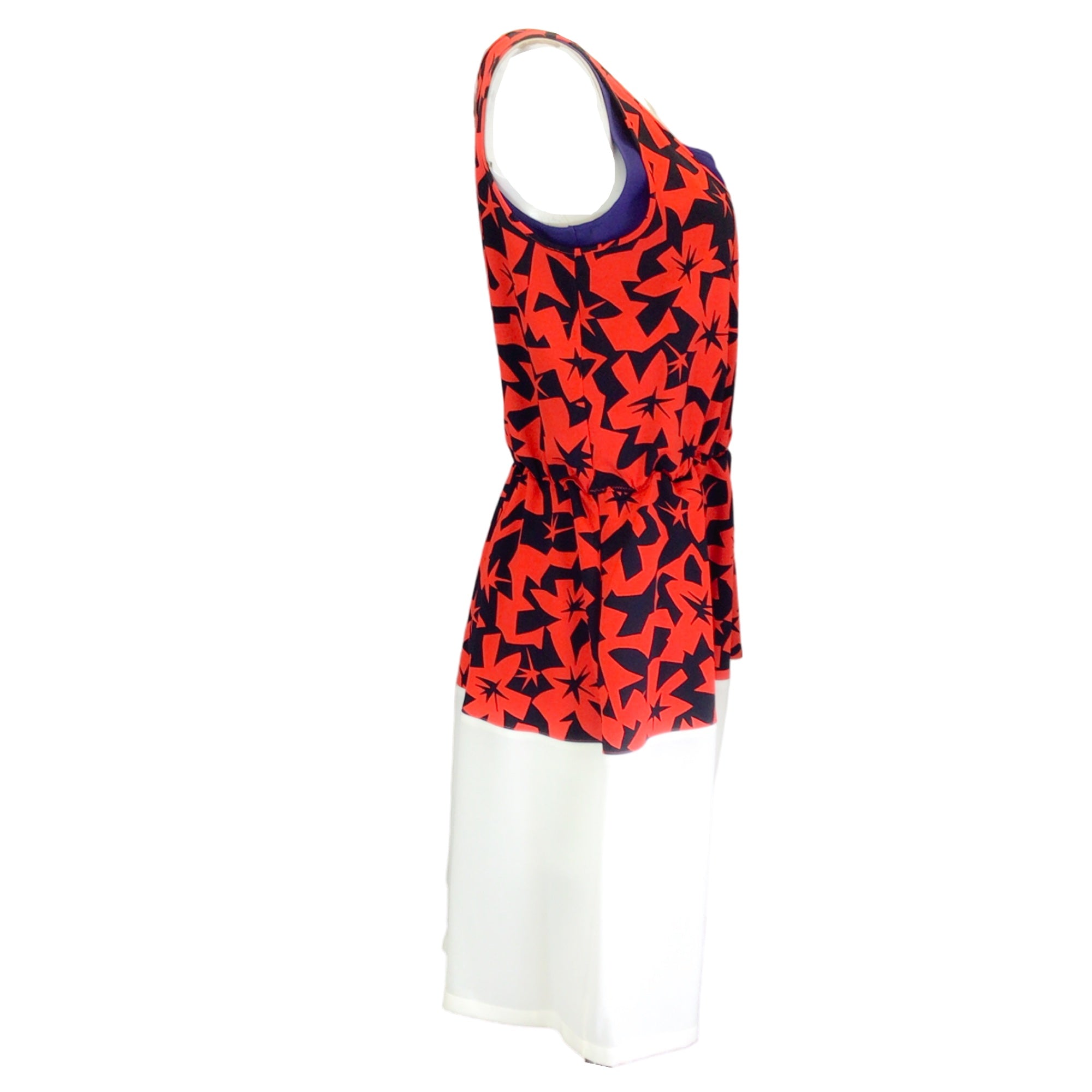 Jil Sander Navy Collection Red / Ivory / Navy Blue Printed Sleeveless Crepe Dress