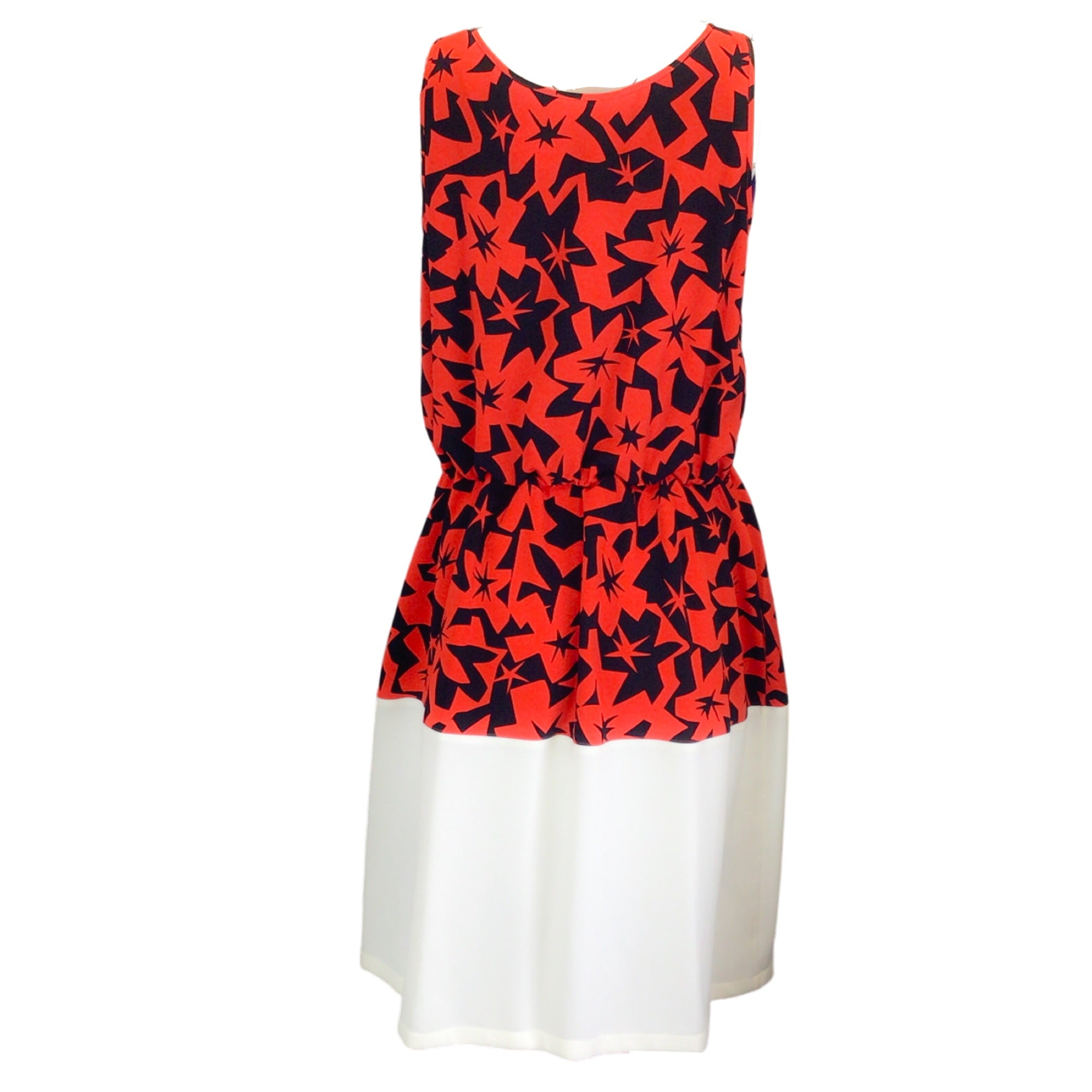 Jil Sander Navy Collection Red / Ivory / Navy Blue Printed Sleeveless Crepe Dress