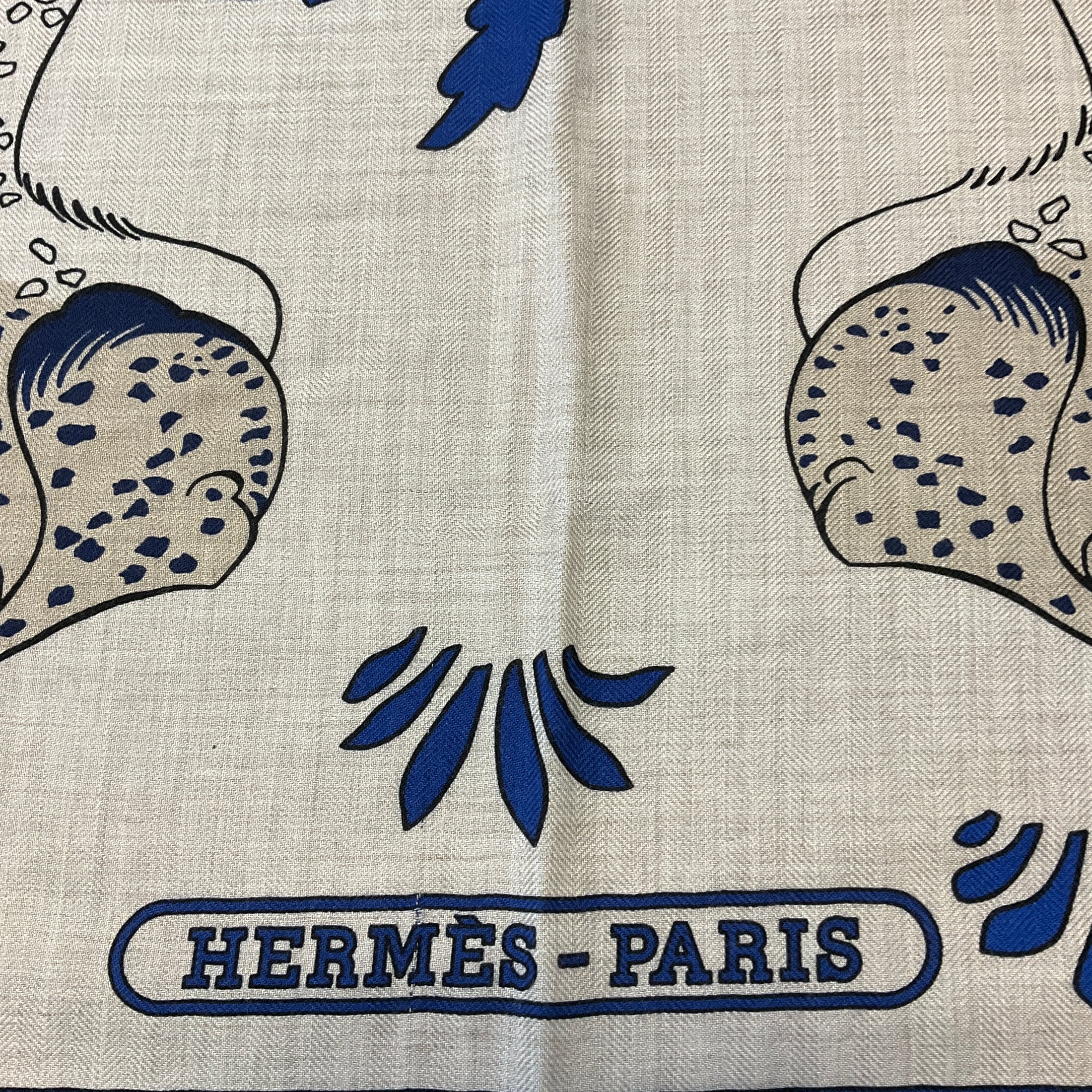 Hermes Natural / Blue / Orange Les Leopards Large Cashmere and Silk Scarf