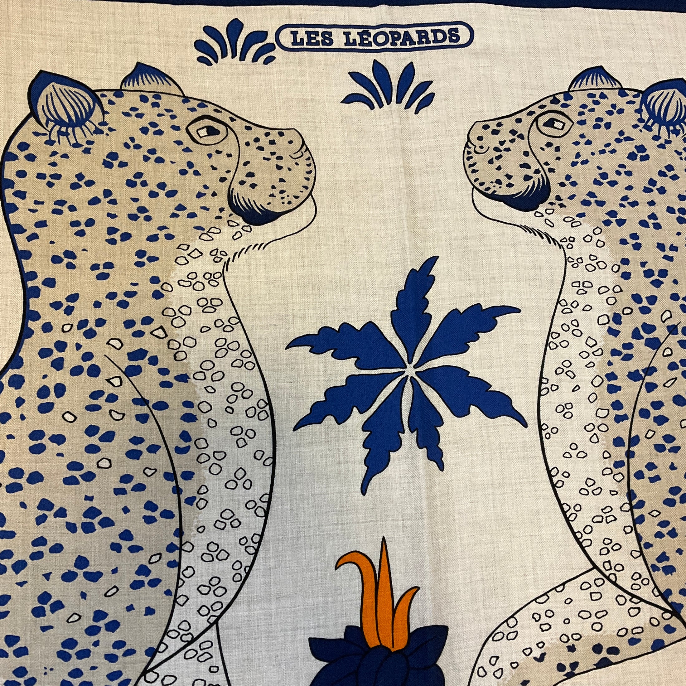 Hermes Natural / Blue / Orange Les Leopards Large Cashmere and Silk Scarf