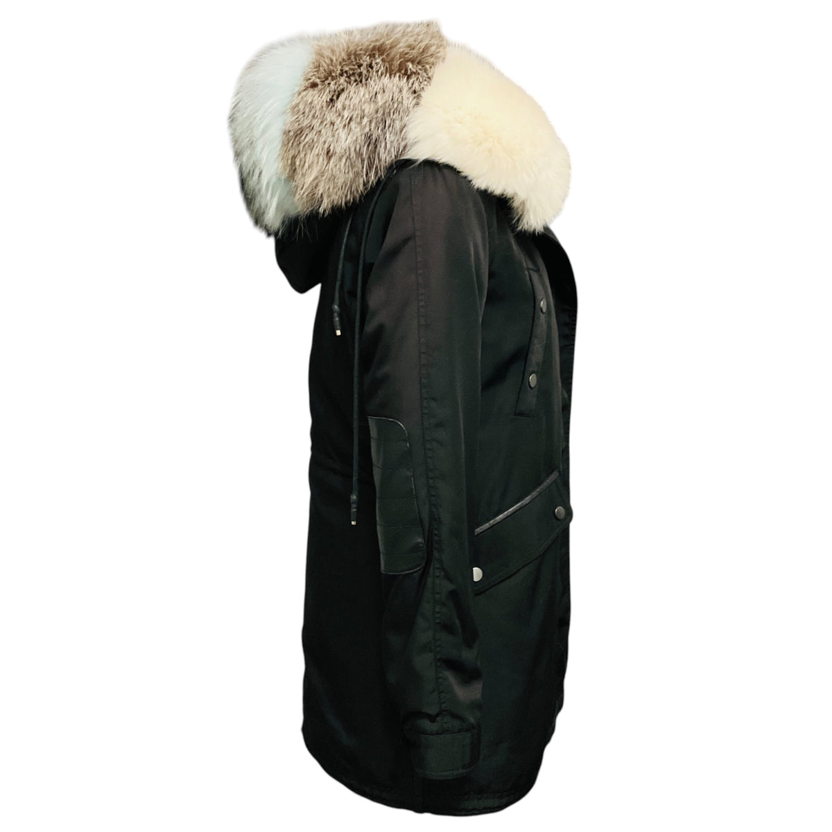 Nicole Benisti Black Hooded Puffer Coat with Fur Trim and Leather Trim