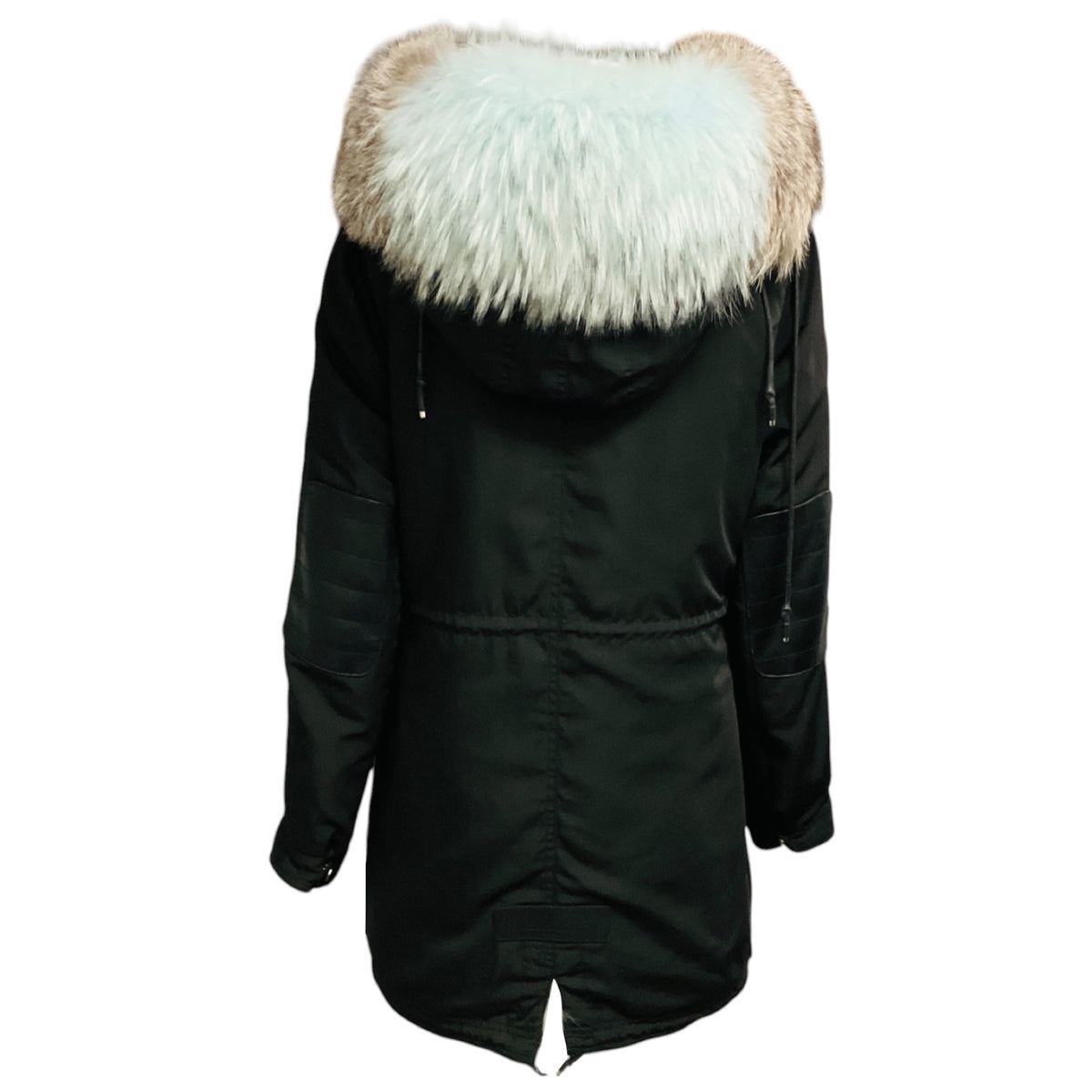 Nicole Benisti Black Hooded Puffer Coat with Fur Trim and Leather Trim