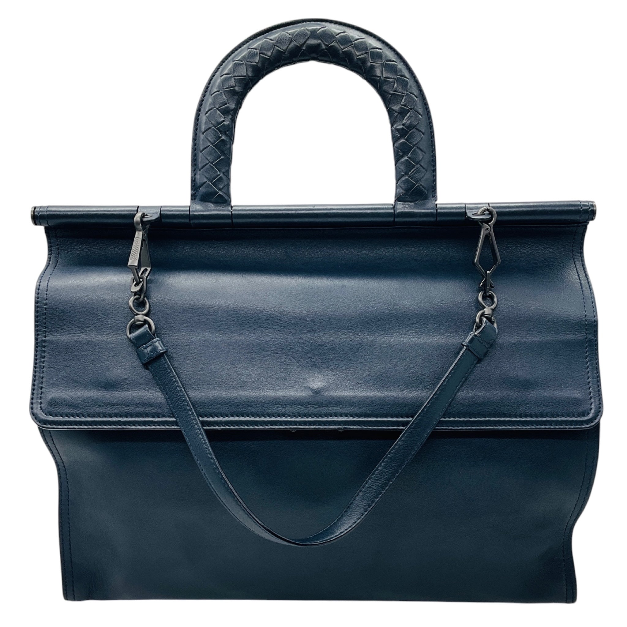 Bottega Veneta Navy Blue Intrecciato Woven Leather Top Handle Leather Briefcase with Removable Strap