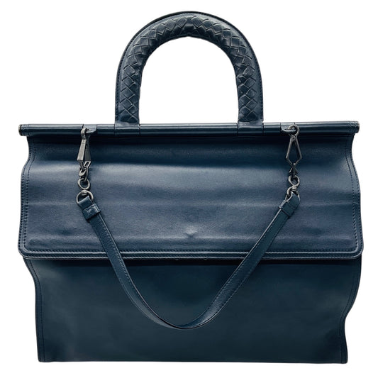 Bottega Veneta Navy Blue Intrecciato Woven Leather Top Handle Leather Briefcase with Removable Strap