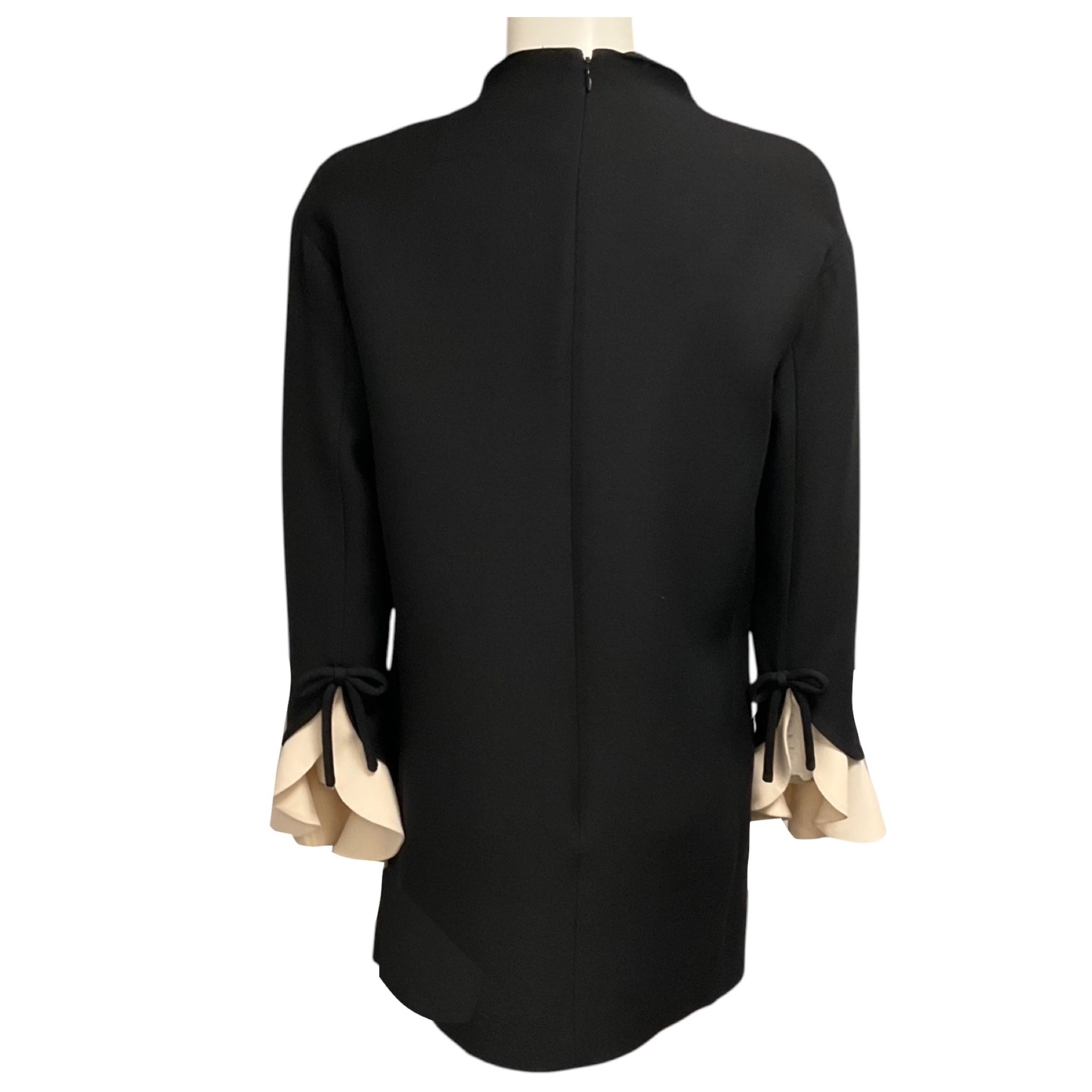 Valentino Black Long Sleeved Crepe Mini Dress with Bow Detailed Ivory Cuffs