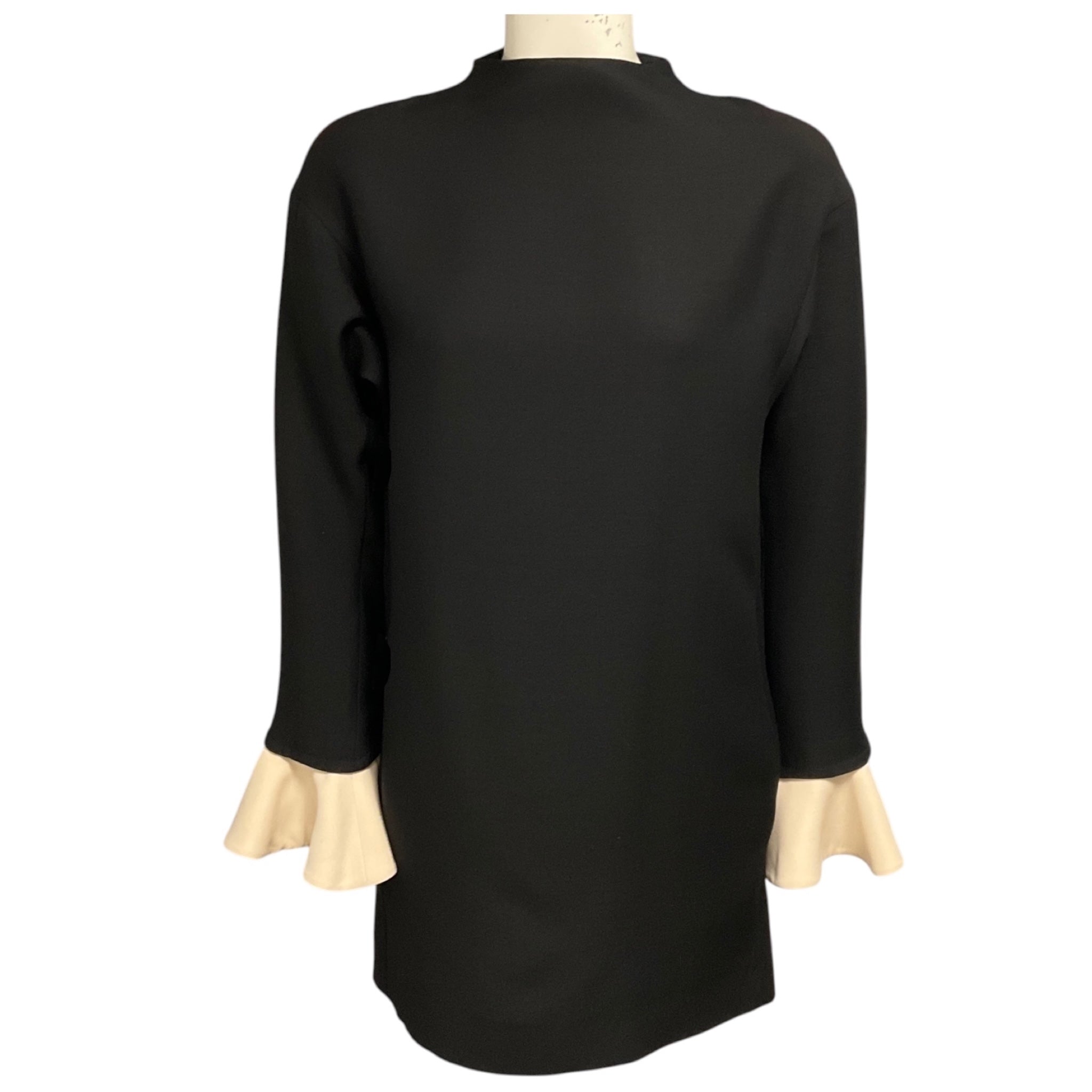 Valentino Black Long Sleeved Crepe Mini Dress with Bow Detailed Ivory Cuffs