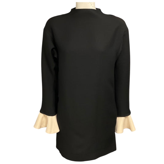 Valentino Black Long Sleeved Crepe Mini Dress with Bow Detailed Ivory Cuffs
