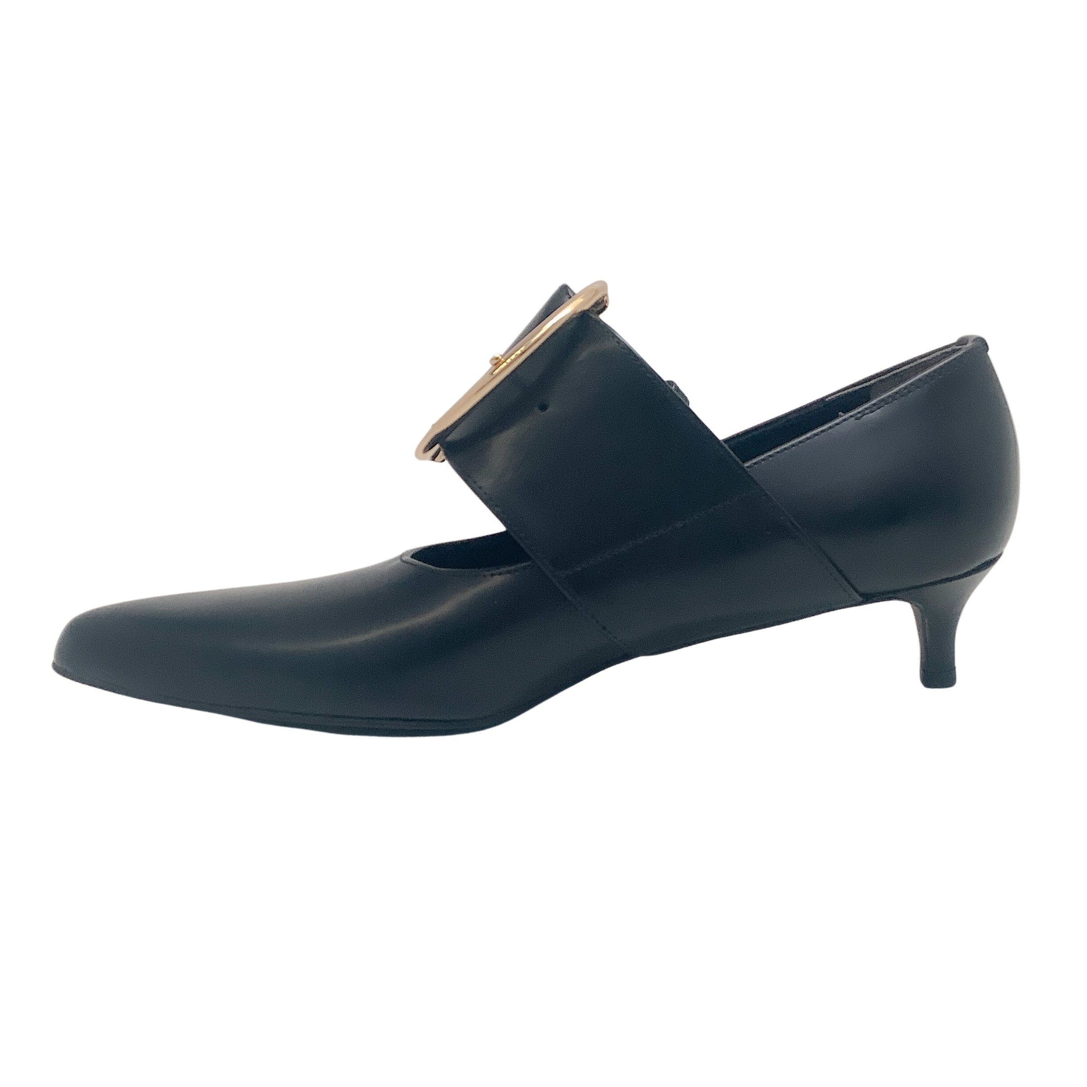 Comme des Garcons Black Leather Kitten Heel Pumps with Gold Buckle