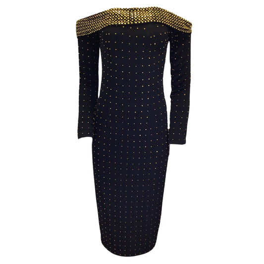 Sally LaPointe Black / Gold Studded Off-the-Shoulder Crepe Dress