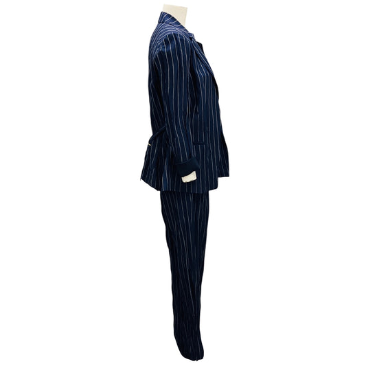 Lafayette 148 New York Navy Blue / White Crinkled Pinstriped Jacket and Pants Suit Set