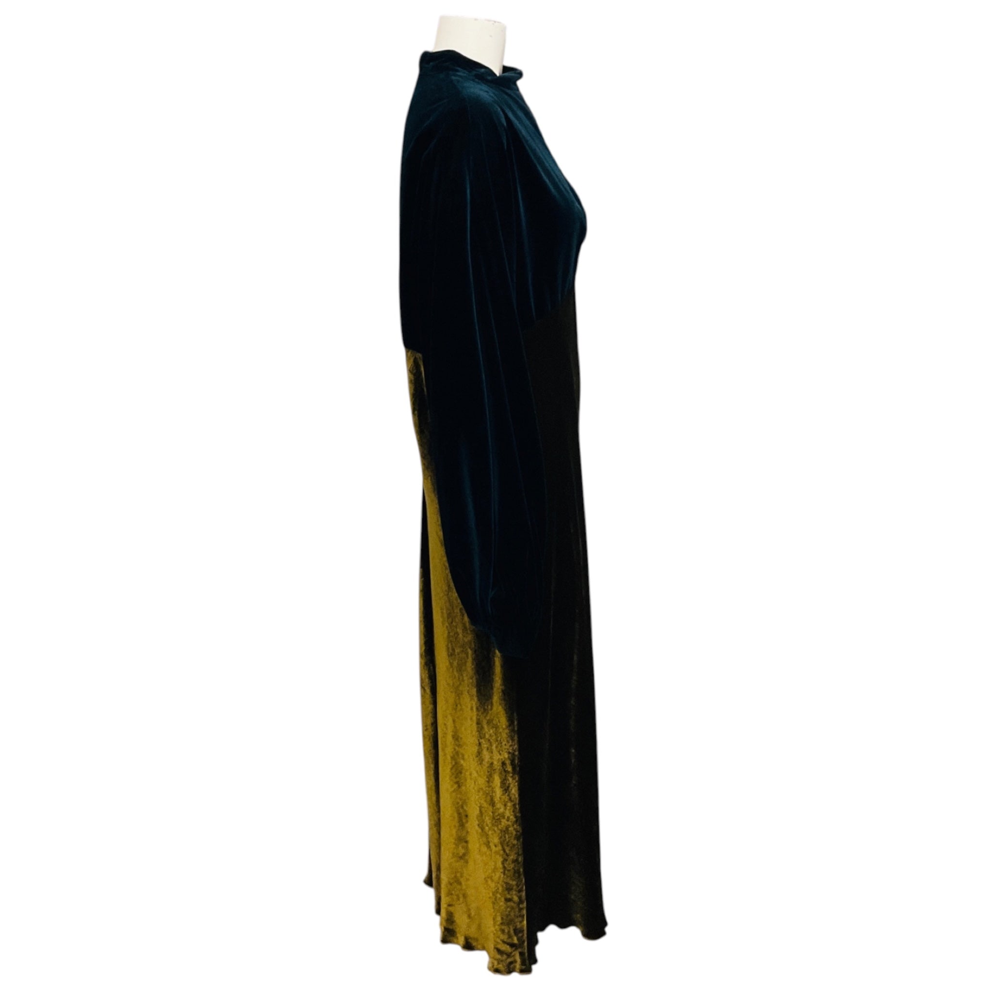 Dries Van Noten Navy Blue / Dark Gold Long Sleeved Velvet Midi Dress