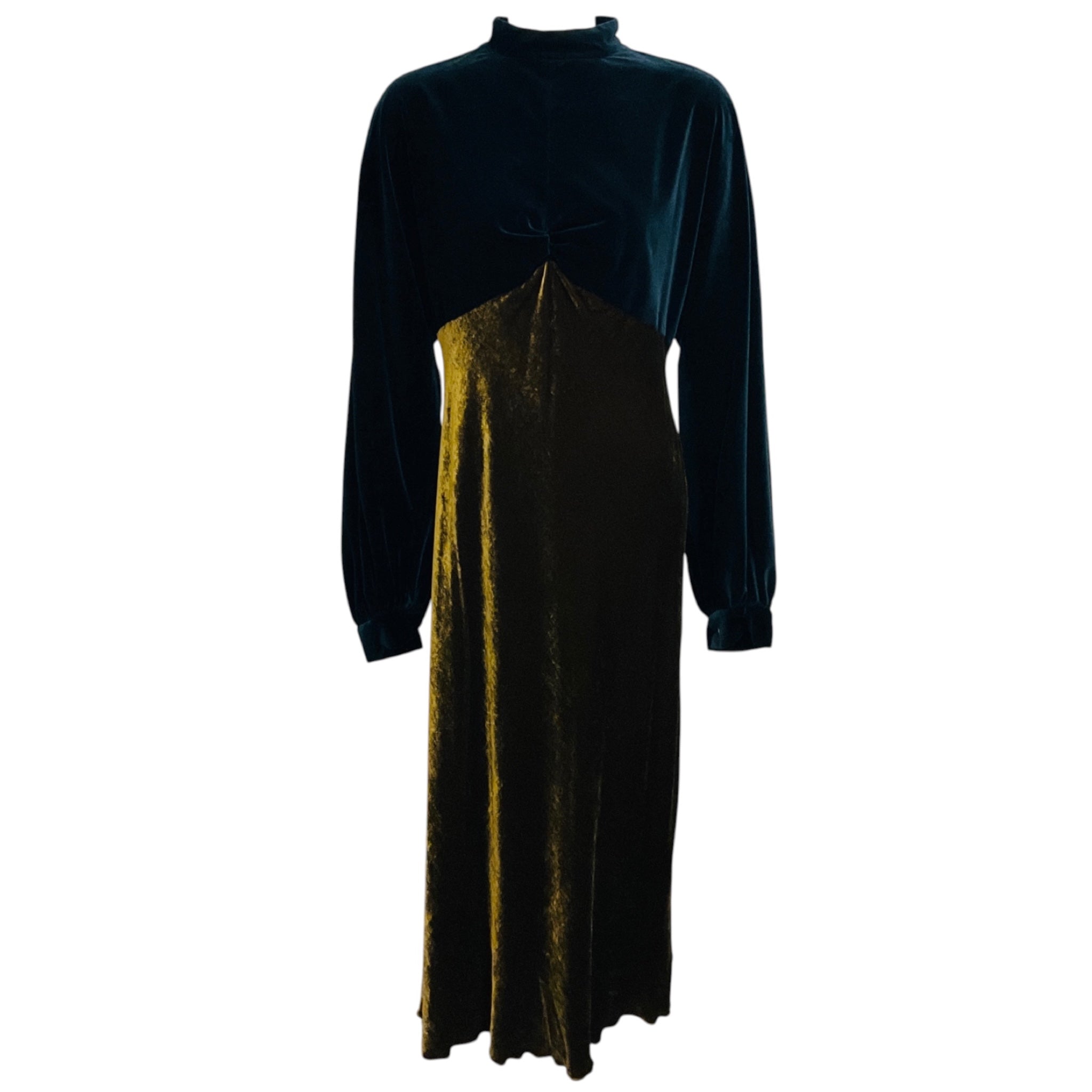 Dries Van Noten Navy Blue / Dark Gold Long Sleeved Velvet Midi Dress