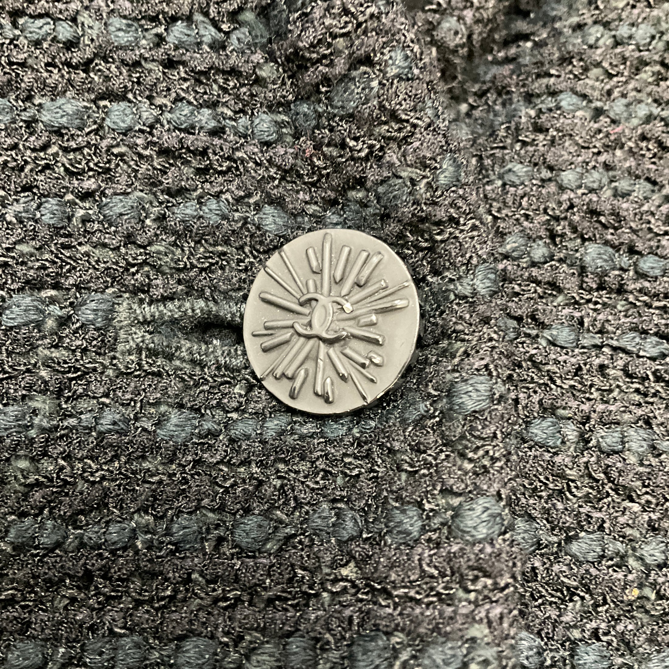 Chanel Vintage Black Lambskin Leather Trimmed Boucle Tweed Coat