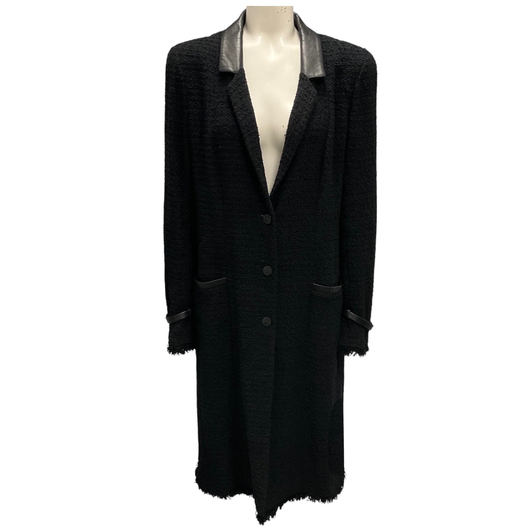 Chanel Vintage Black Lambskin Leather Trimmed Boucle Tweed Coat