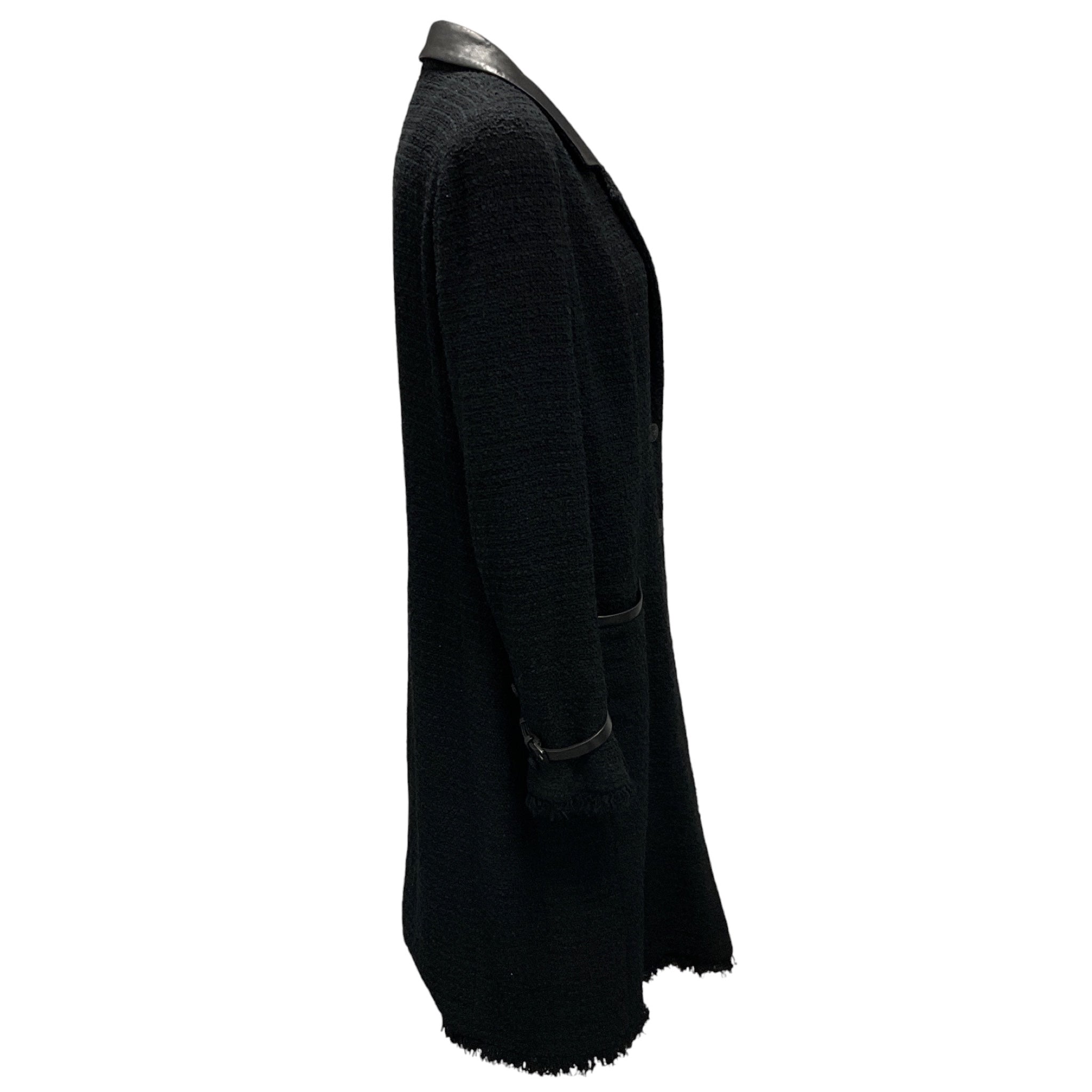 Chanel Vintage Black Lambskin Leather Trimmed Boucle Tweed Coat