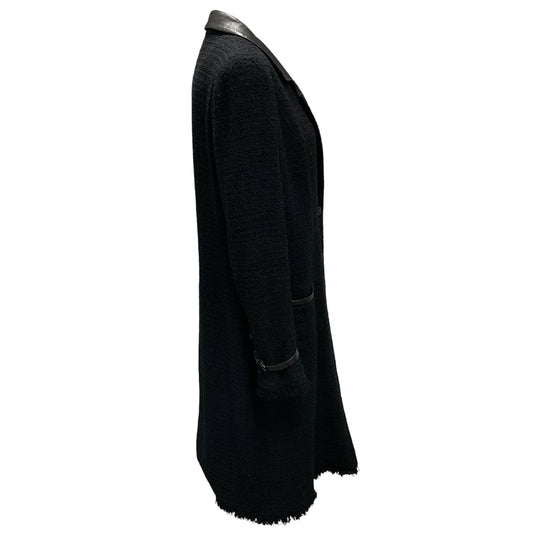 Chanel Vintage Black Lambskin Leather Trimmed Boucle Tweed Coat