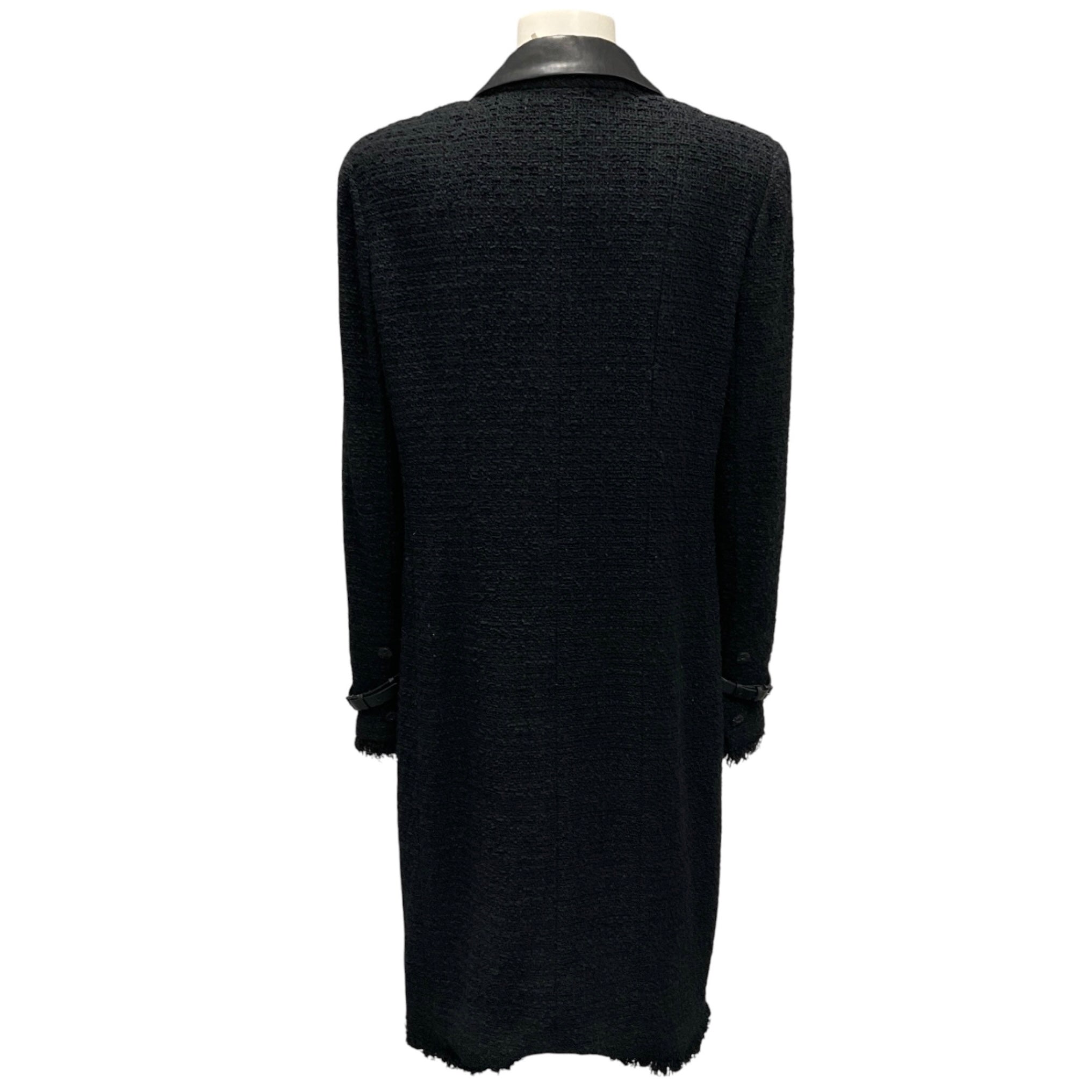 Chanel Vintage Black Lambskin Leather Trimmed Boucle Tweed Coat